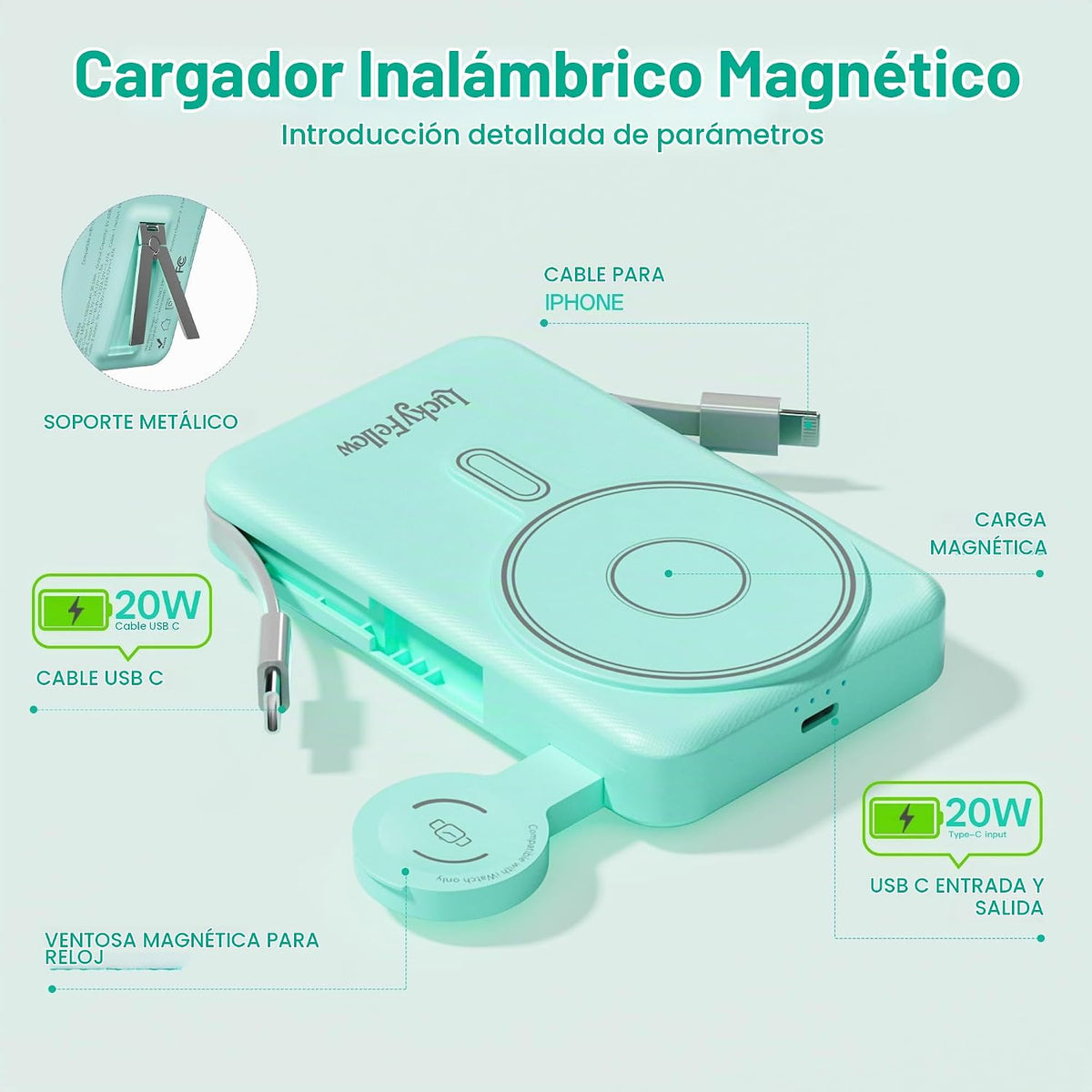 Cargador portátil magnético con cables integrados, estación de carg...