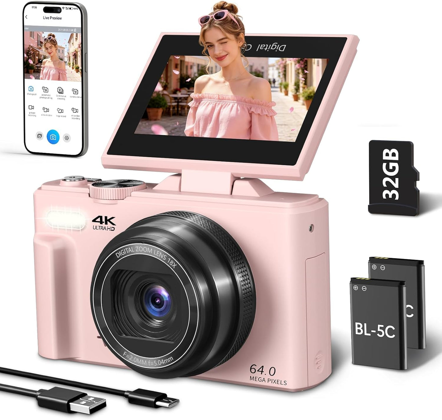 Cámara digital 4K para fotografía, cámara de vlogging de 64MP para...