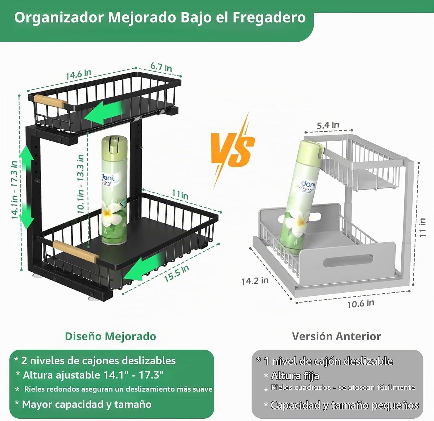 ADRIMER Organizador para debajo del fregadero, 2 paquetes, organiza...