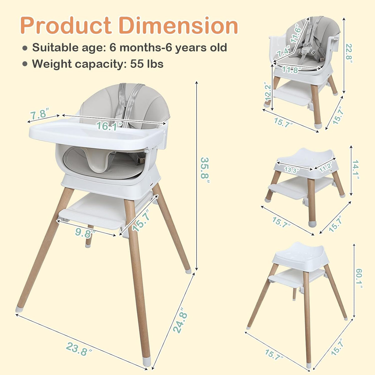 Silla alta convertible 9 en 1 con asiento elevador, trona de madera...