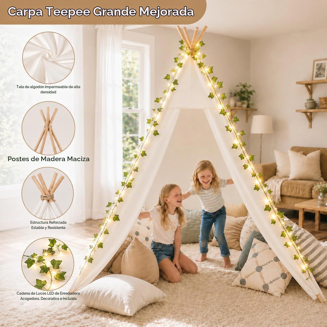 Tienda de campaña tipo tipi grande XXL para adultos y niños con luz...