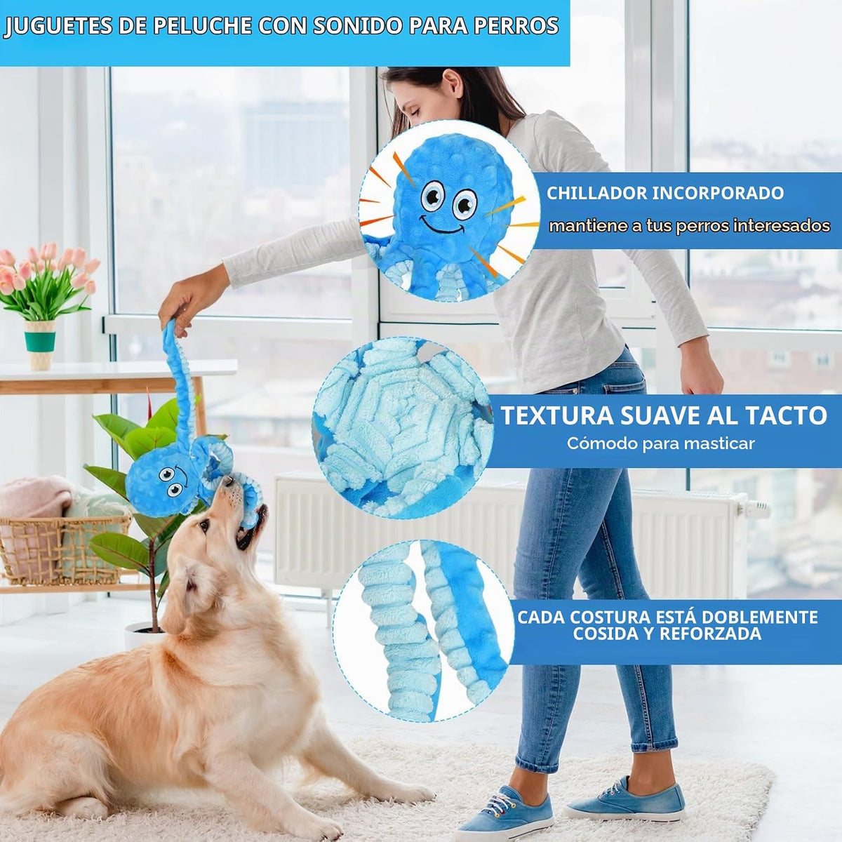 Letsmeet Juguetes Chirriantes para Perros Pulpo Relleno Juguete Cru...