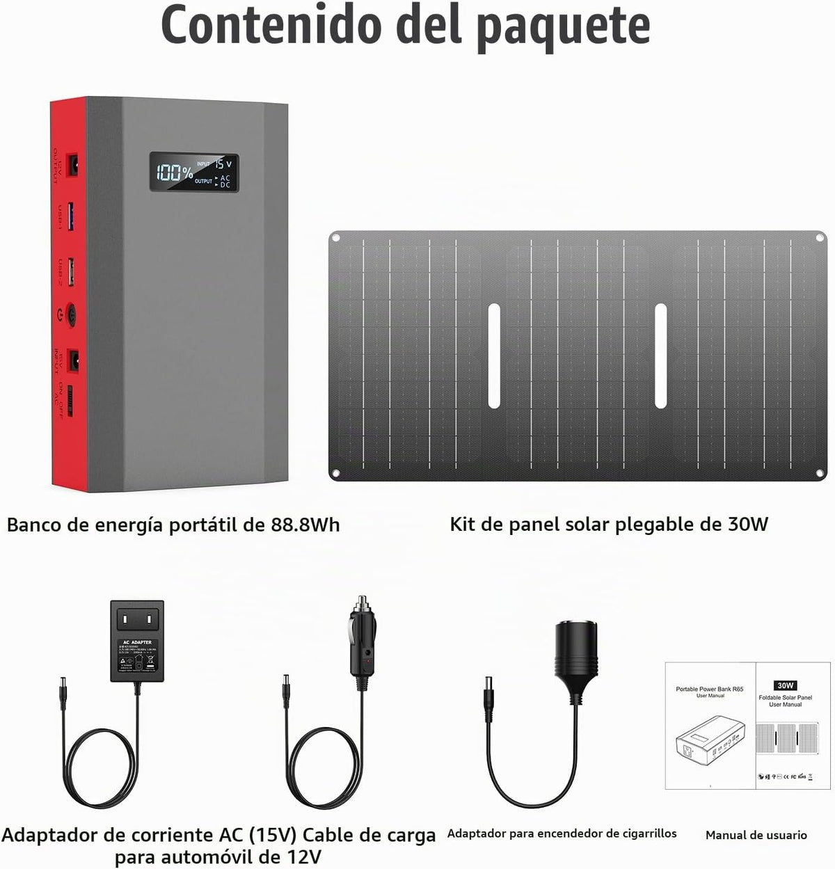 Banco de energía solar portátil con salida de CA 65 W 110 V, baterí...