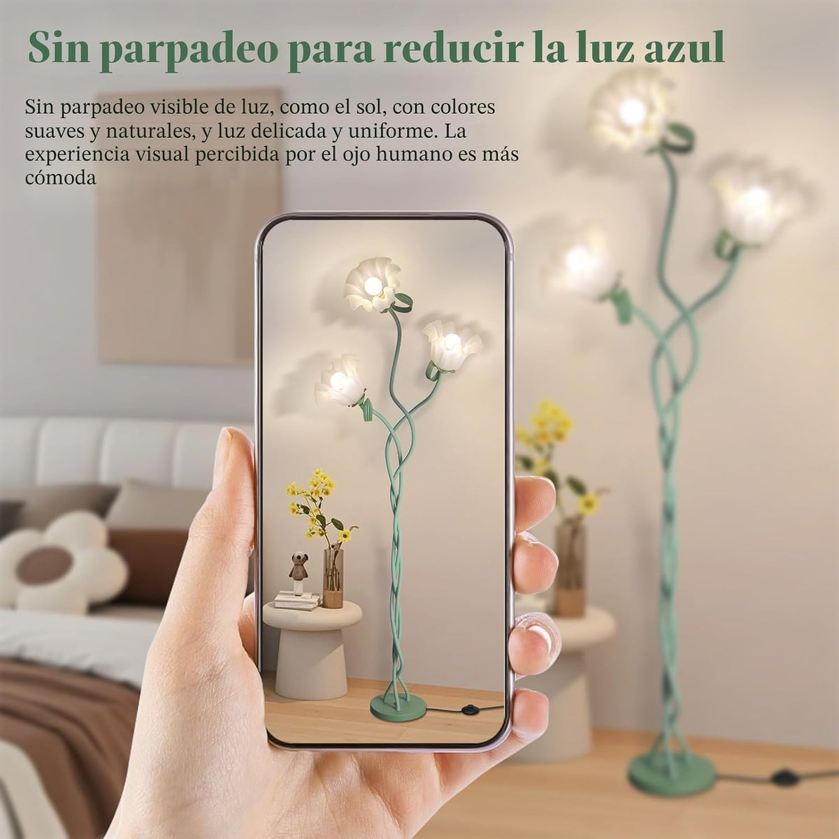 Lámpara de pie de flor para dormitorio, bonita lámpara de pie de es...