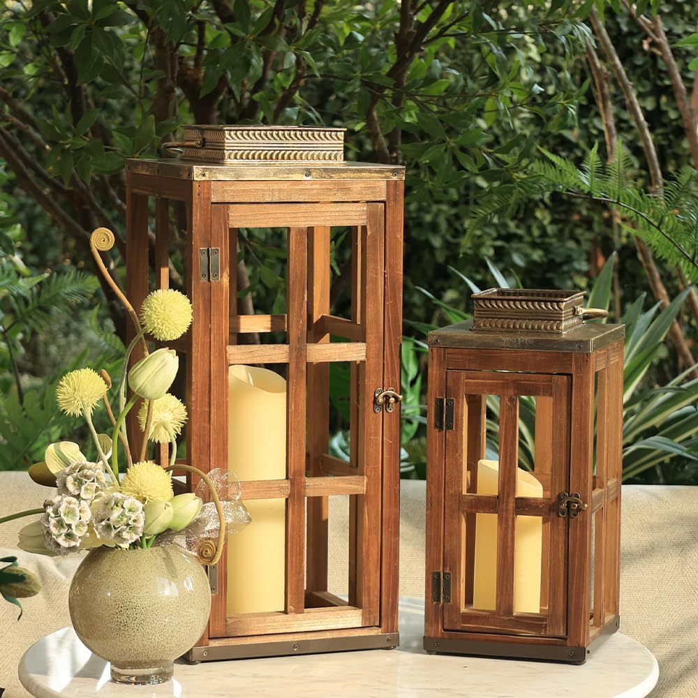 DECORKEY Juego de 2 faroles de metal de madera grandes de granja, 2...