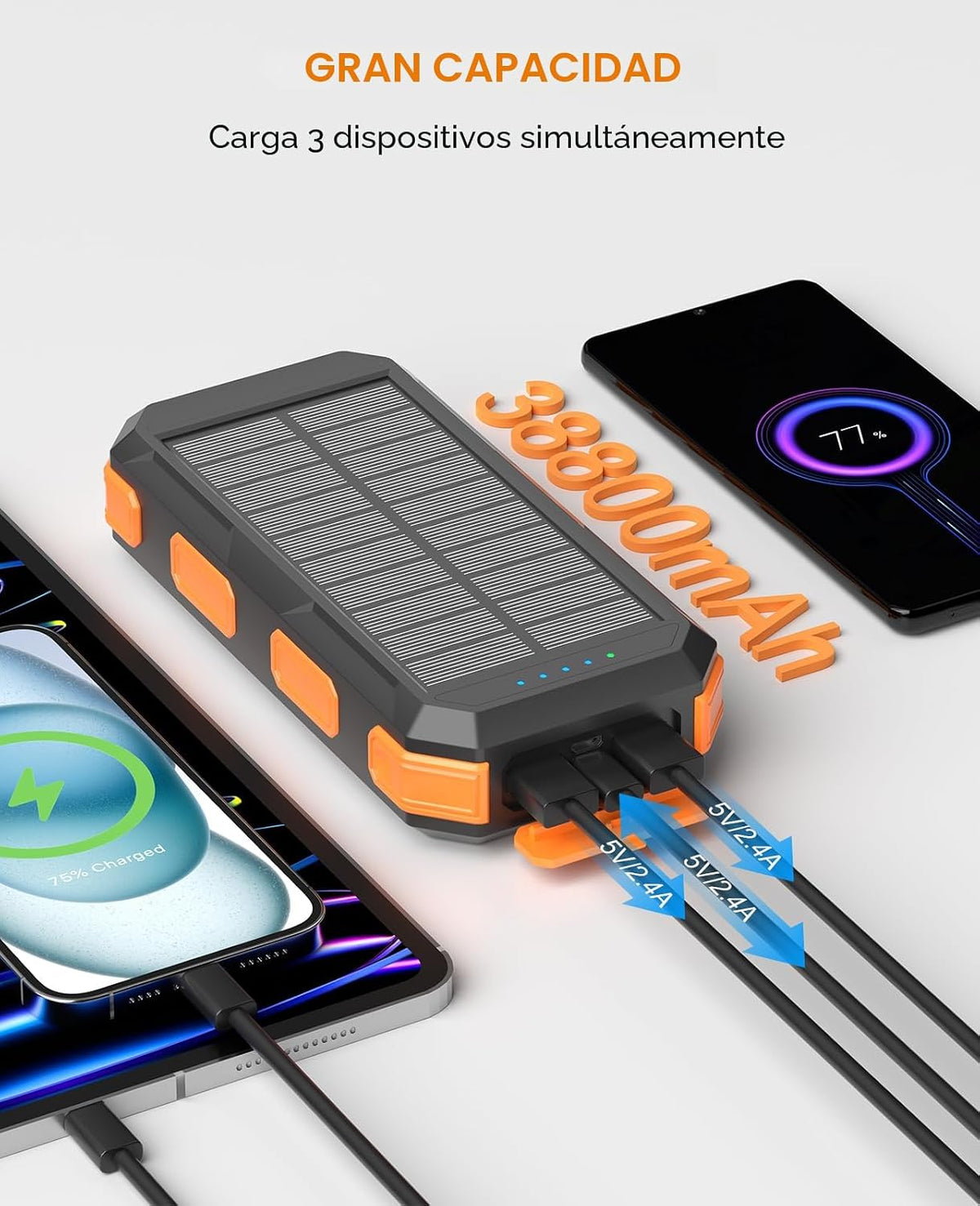 Banco de energía solar de 38800 mAh, cargador portátil, 4 cables, 4...