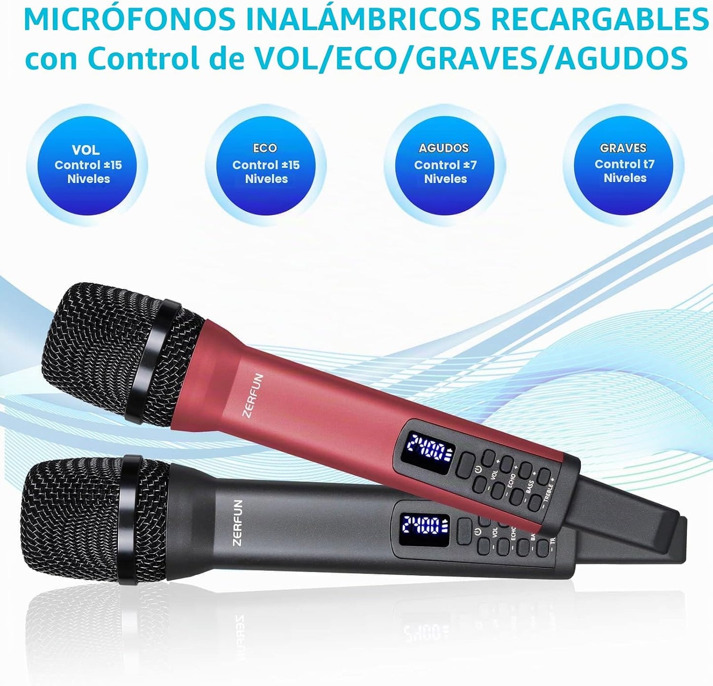ZERFUN - Micrófonos inalámbricos recargables 4, sistema de micrófon...