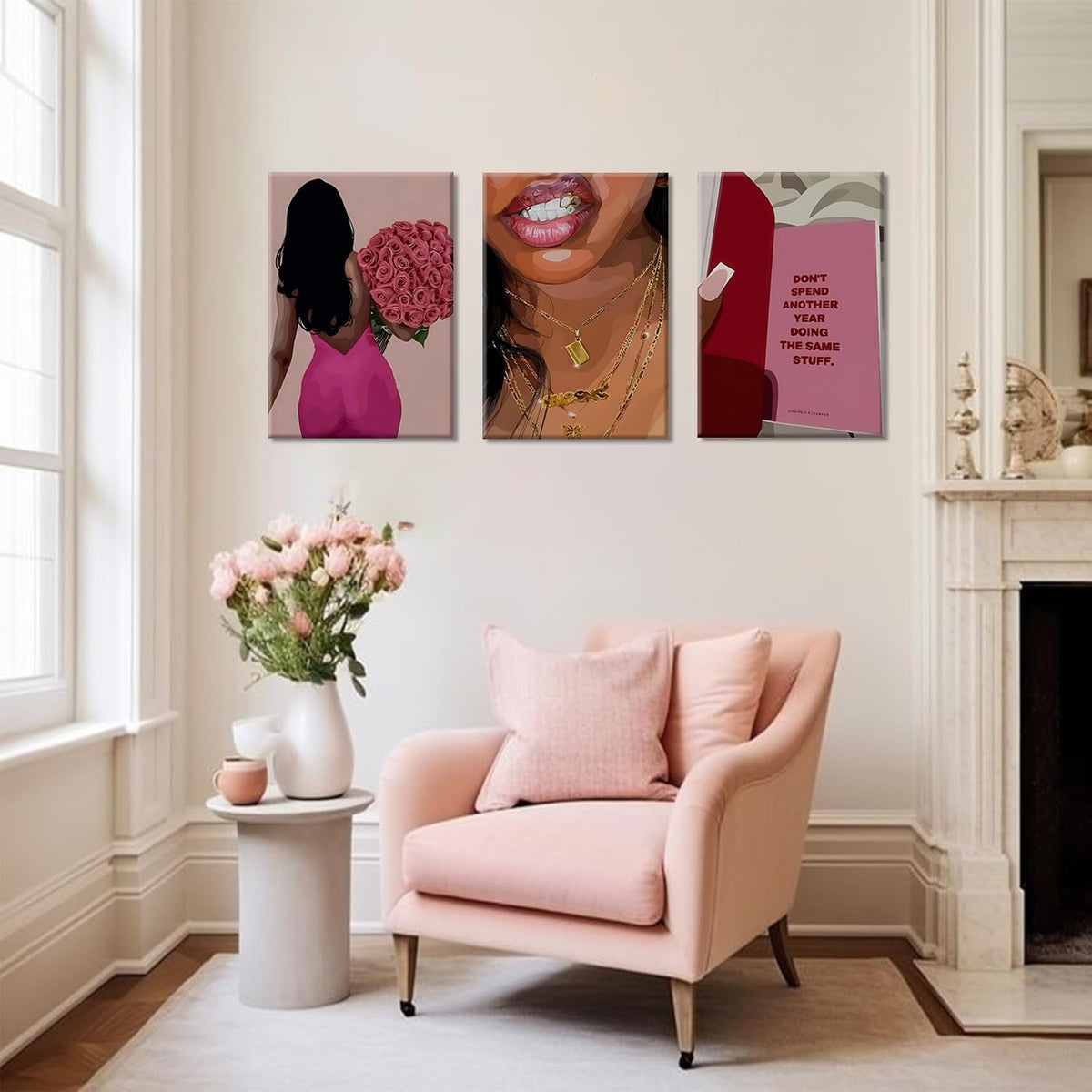 Arte de Pared de Lienzo de Mujer Negra de Moda Rosa, Juego de 3, Ar...