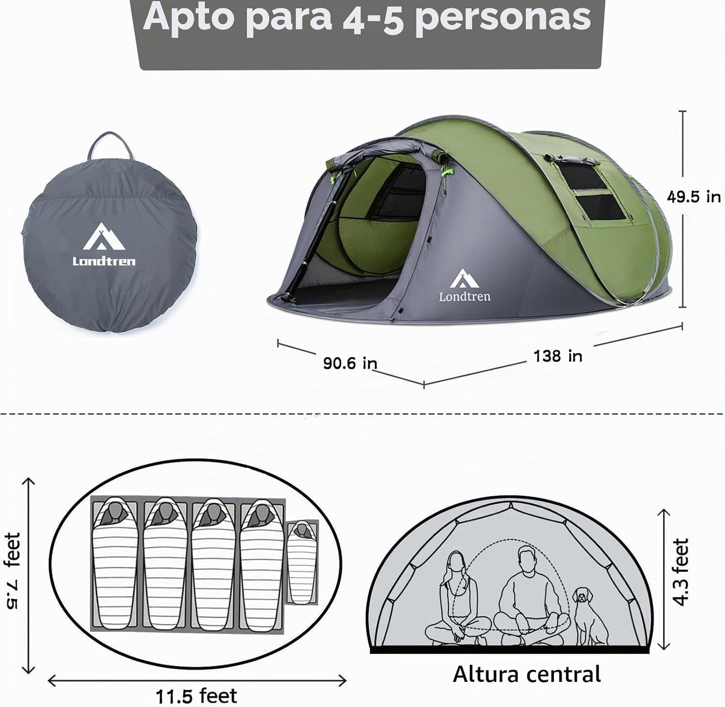 Tienda de campaña desplegable fácil para 4 personas, impermeable, c...