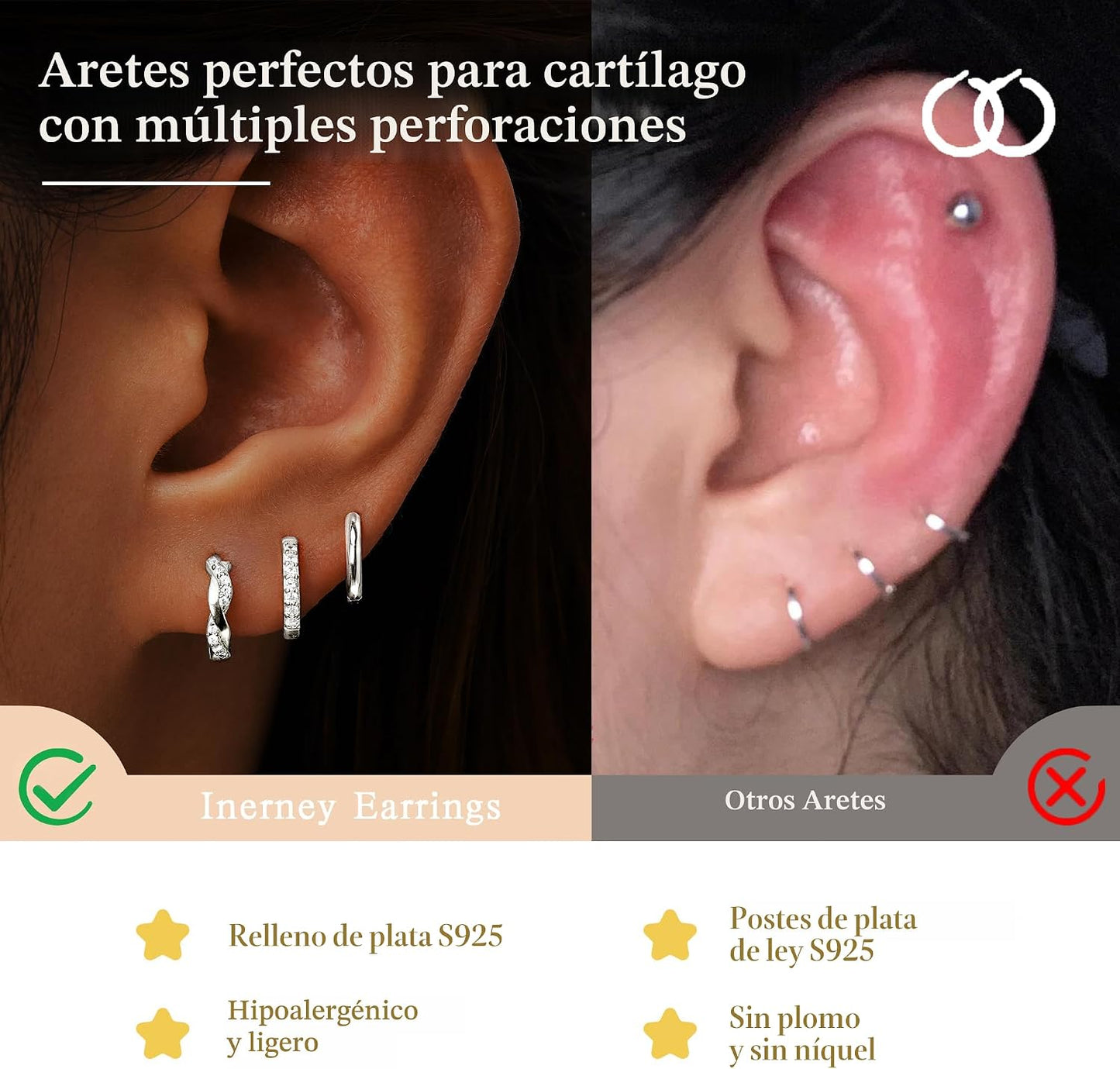 Inerney Juego de Aretes de Aro Abrazadera (Huggie) Dorados para Muj...