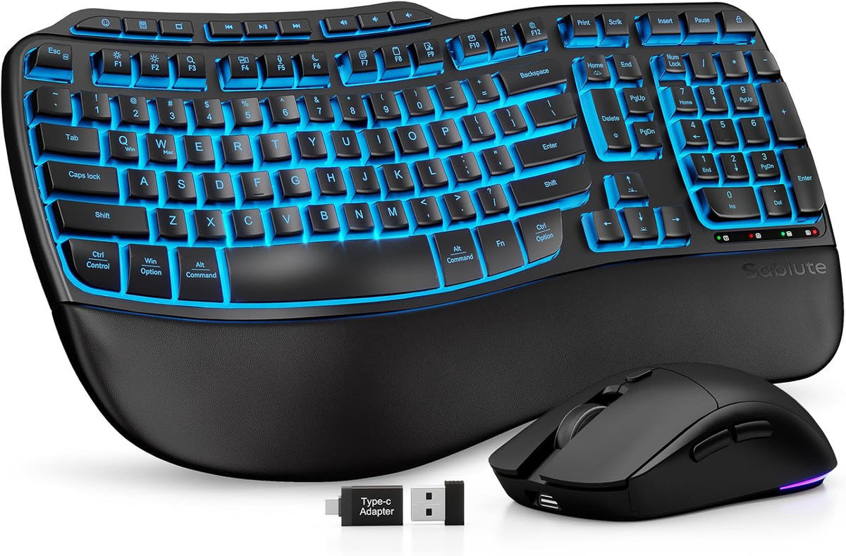Combo ergonómico de teclado y mouse inalámbricos, teclado retroilum...