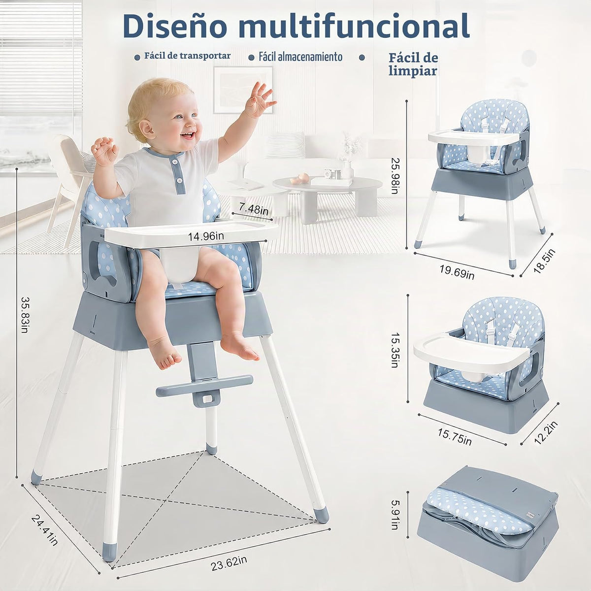 Silla alta portátil 4 en 1 convertible para bebés de 6 a 36 meses,...
