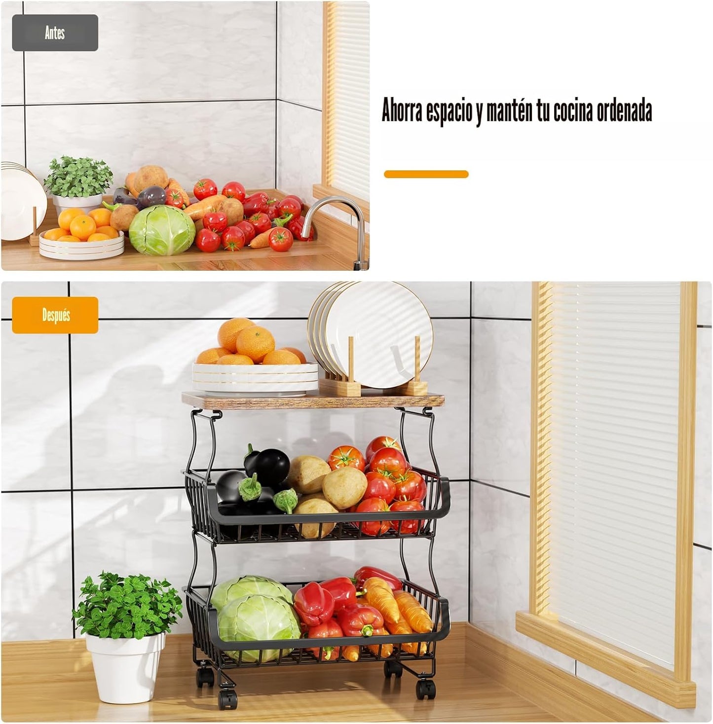 Gsiekare Cesta de frutas y verduras de 4 niveles para cocina con ru...