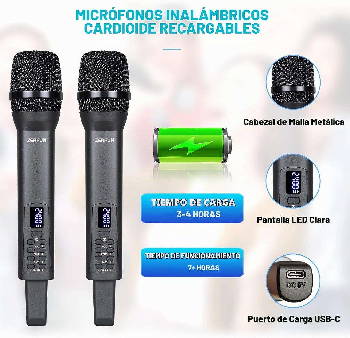 ZERFUN Micrófonos inalámbricos recargables duales, sistema de micró...