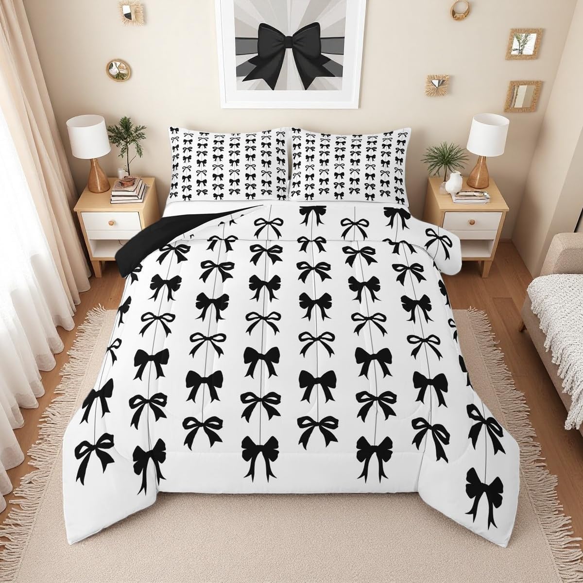 Erosebridal Juego de edredón Queen con lazo negro para niñas | Jueg...
