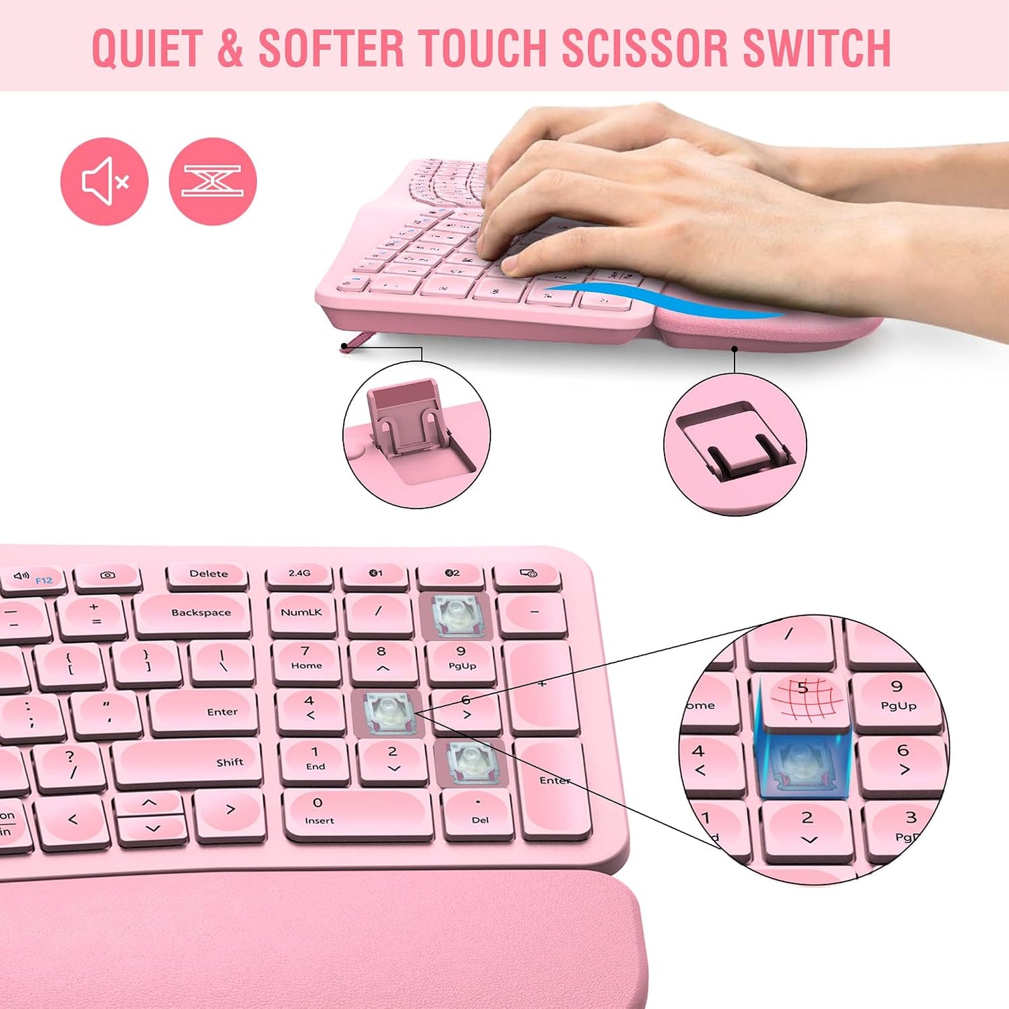 MK960 Combo de teclado inalámbrico ergonómico, teclado de diseño di...