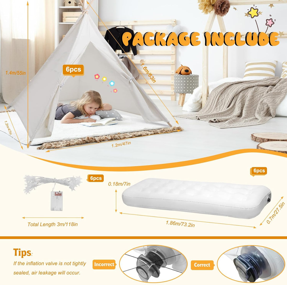 Paquete de 6 carpas tipi para niños [reforzadas] con luces LED y co...