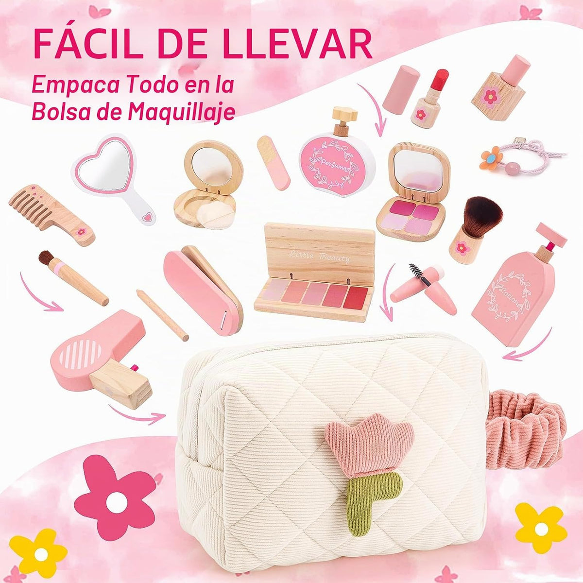 Juego de juguetes de maquillaje de madera para niñas, kit de maquil...