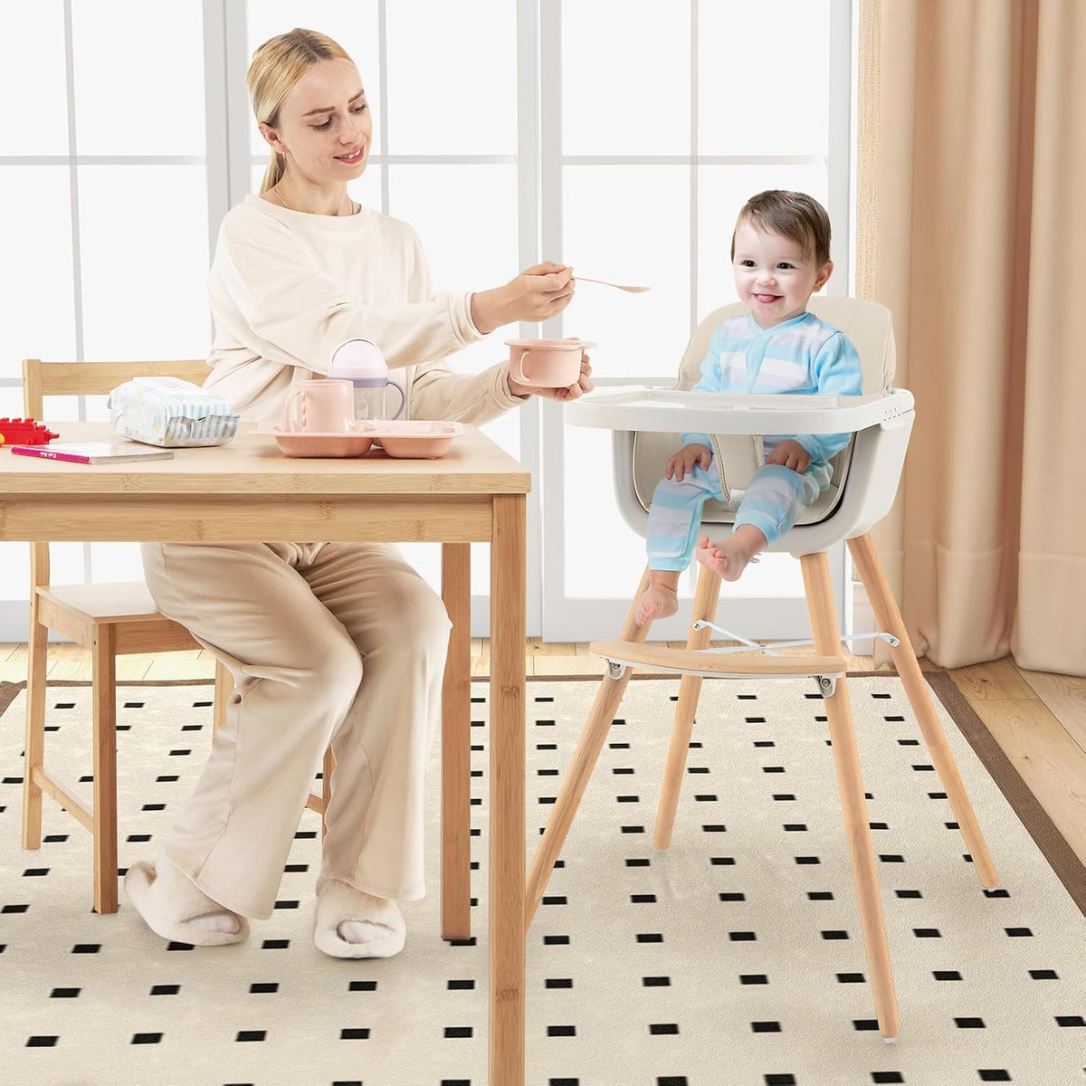 HONEY JOY Silla alta para bebé, silla alta 6 en 1 de madera Eat &am...