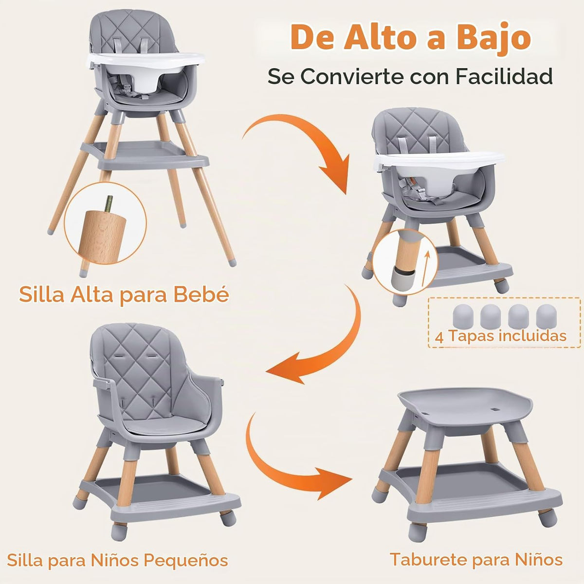 Silla alta Babyliebe para bebé, silla alta de madera convertible 8...