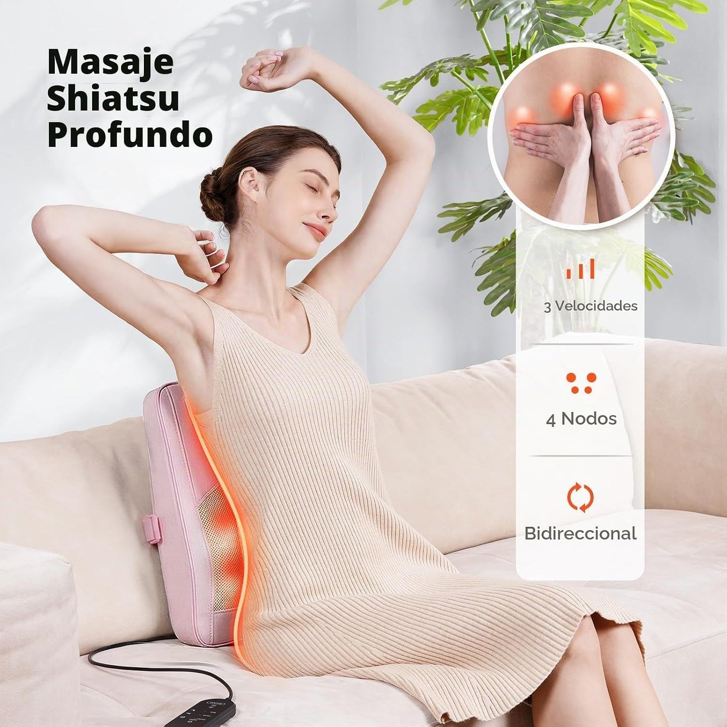 Boriwat Masajeador de cuello y espalda con calor, almohada de masaj...