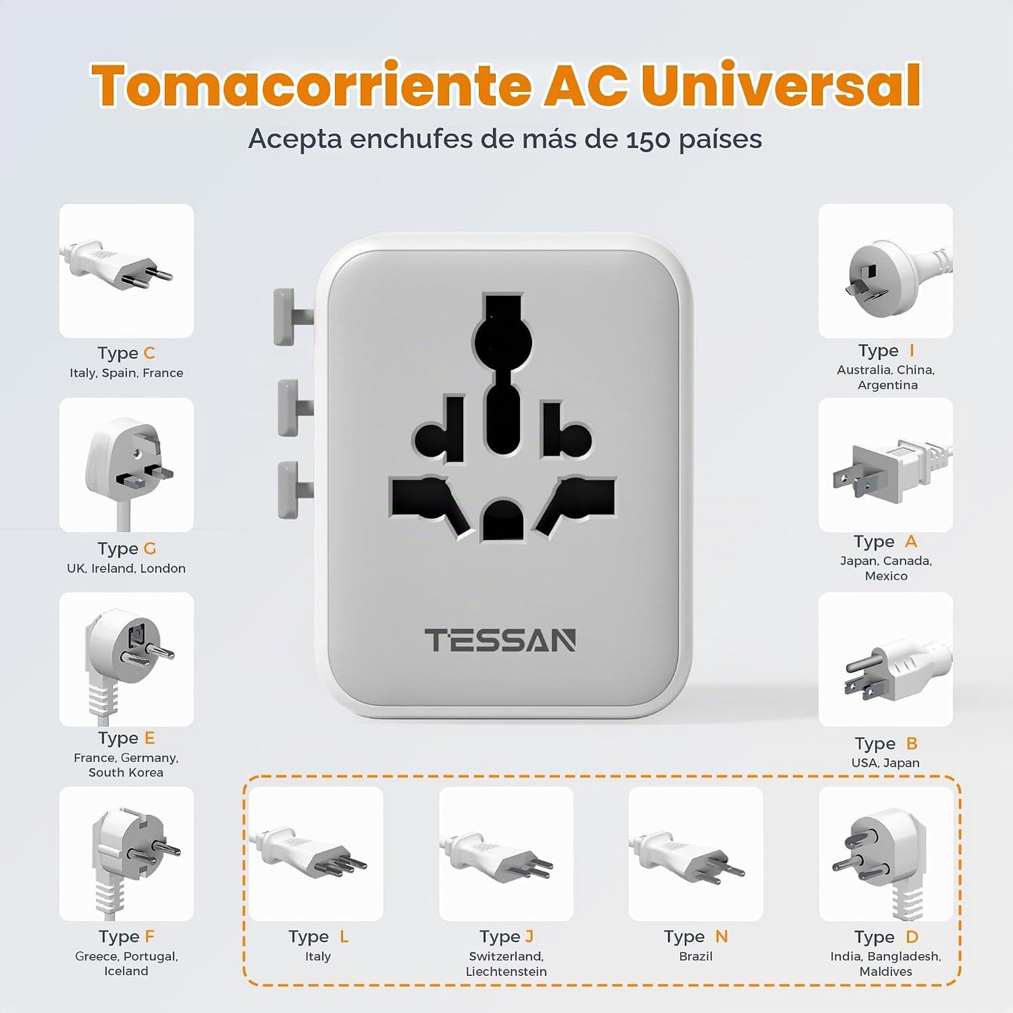 Adaptador universal de viaje TESSAN, adaptador de corriente en todo...