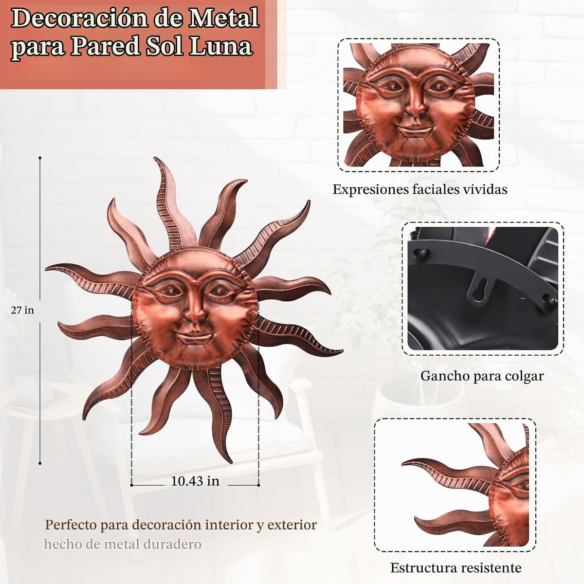 VCUTEKA Arte de pared de metal con sol de 27 pulgadas, decoración p...