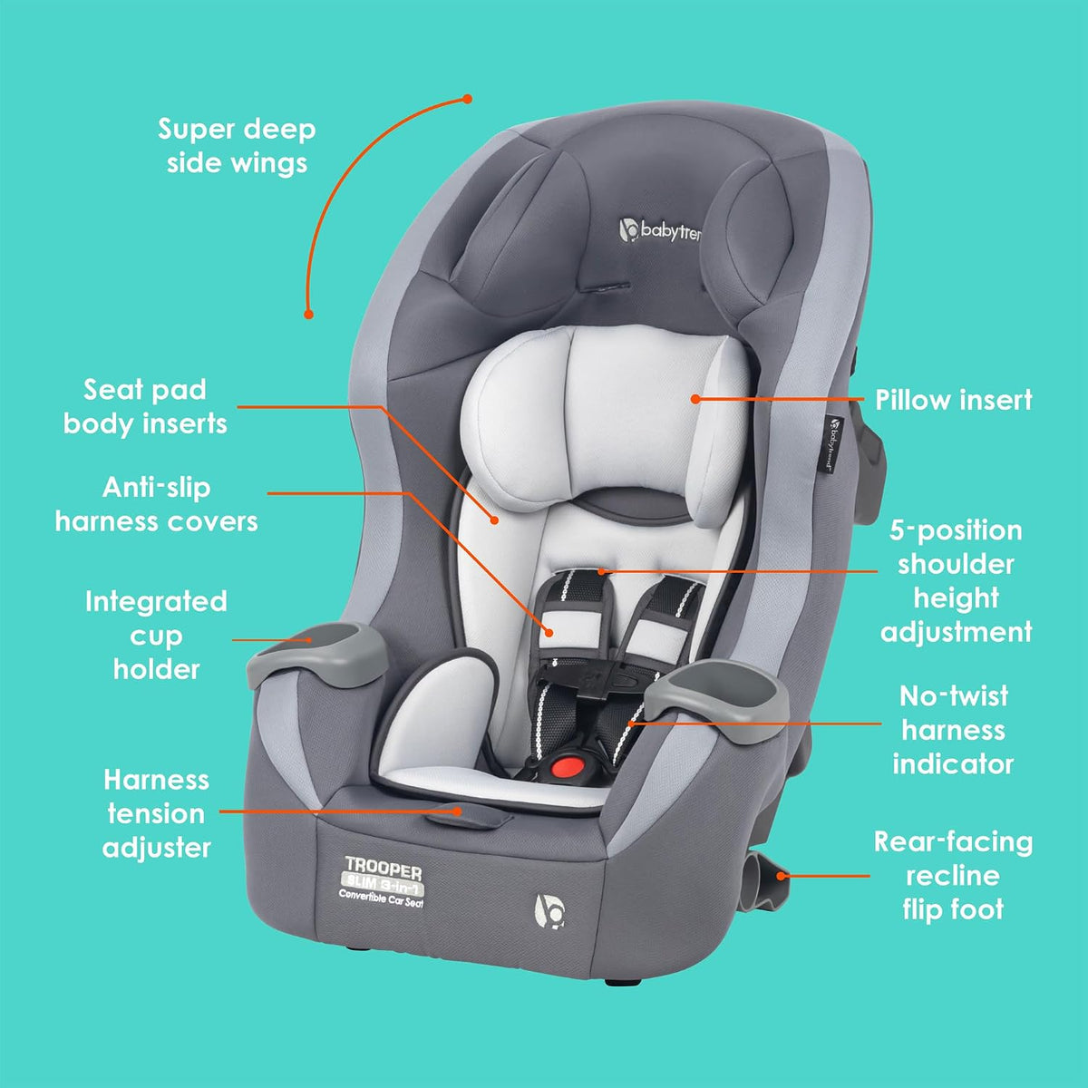 Baby Trend Trooper™ Slim 3 en 1 Asiento de coche convertible, Gris...