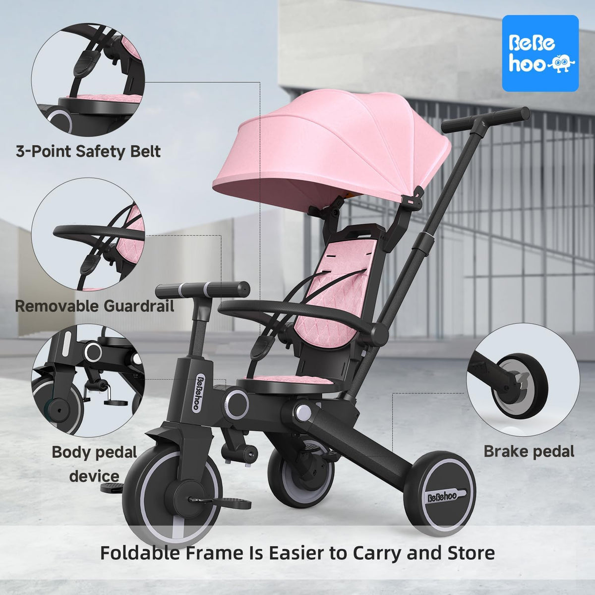 Bebehoo Cochecito de triciclo para niños pequeños, triciclo plegabl...