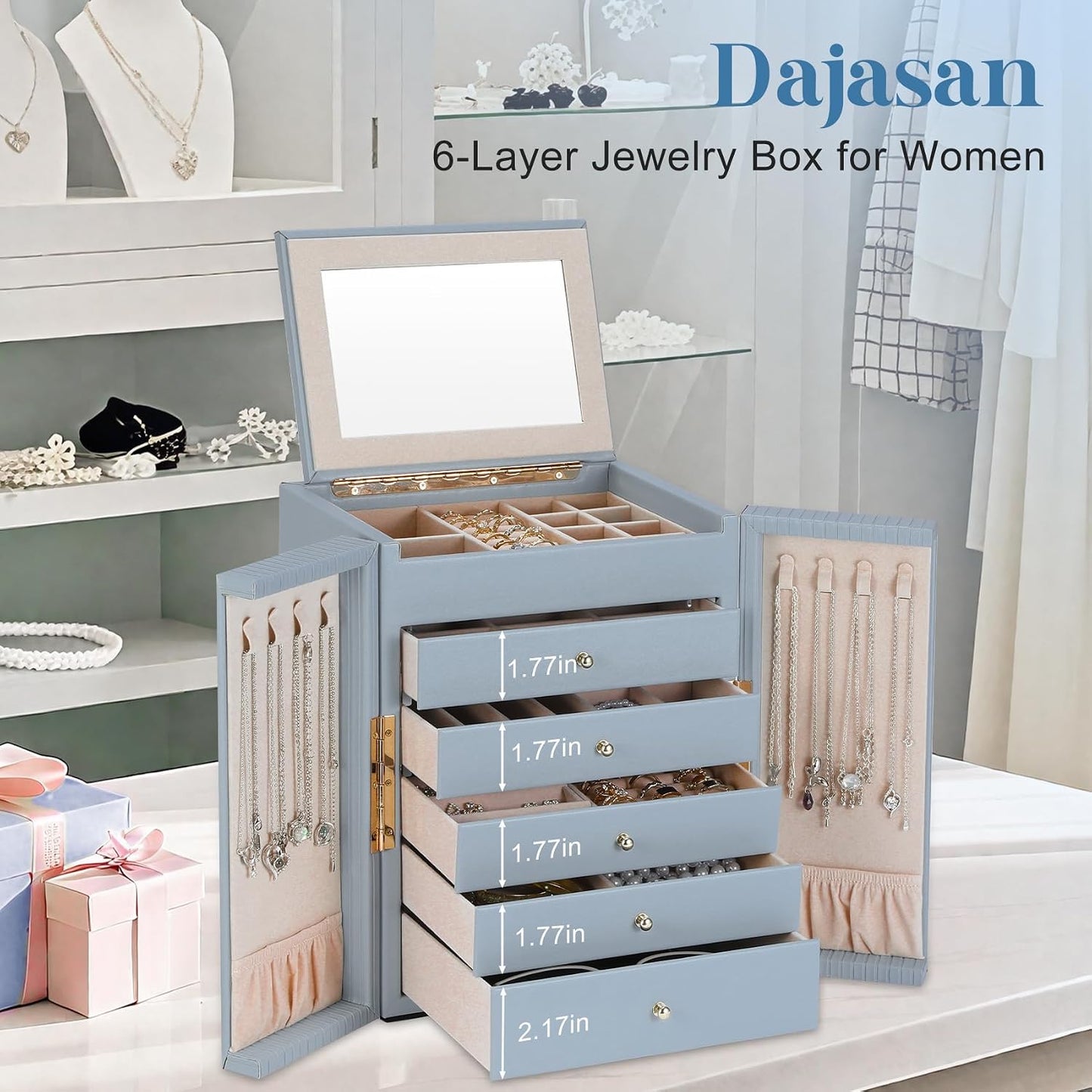Dajasan Caja organizadora de joyas grande, caja de almacenamiento d...