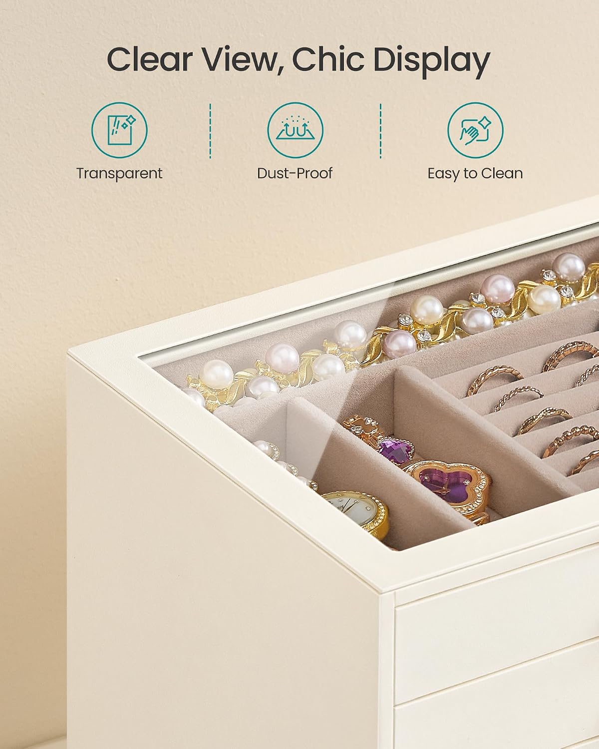 SONGMICS Joyero de 5 capas con ventana de cristal, organizador de a...