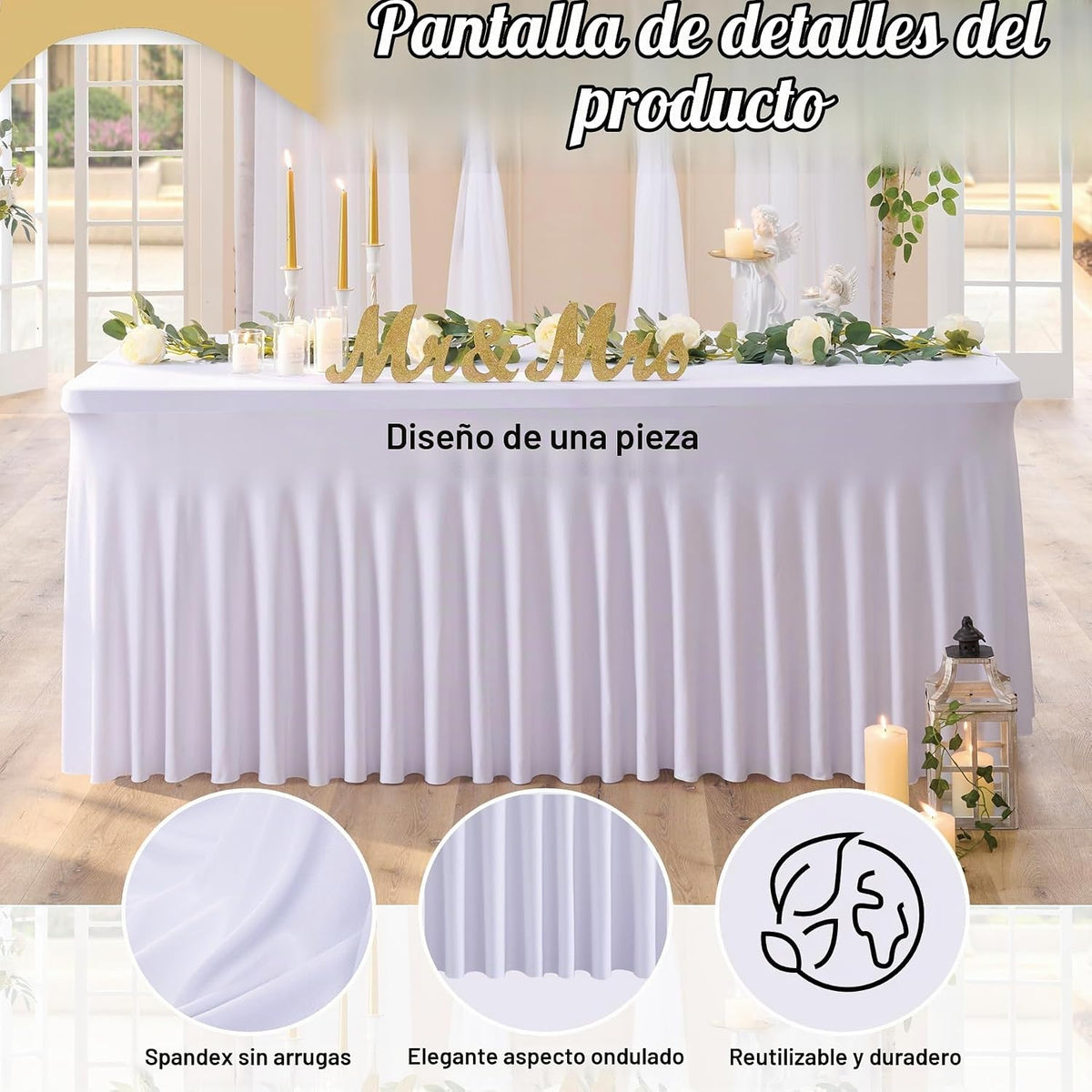 Mantel rectangular de elastano de 6 pies, paquete de 2 unidades, co...