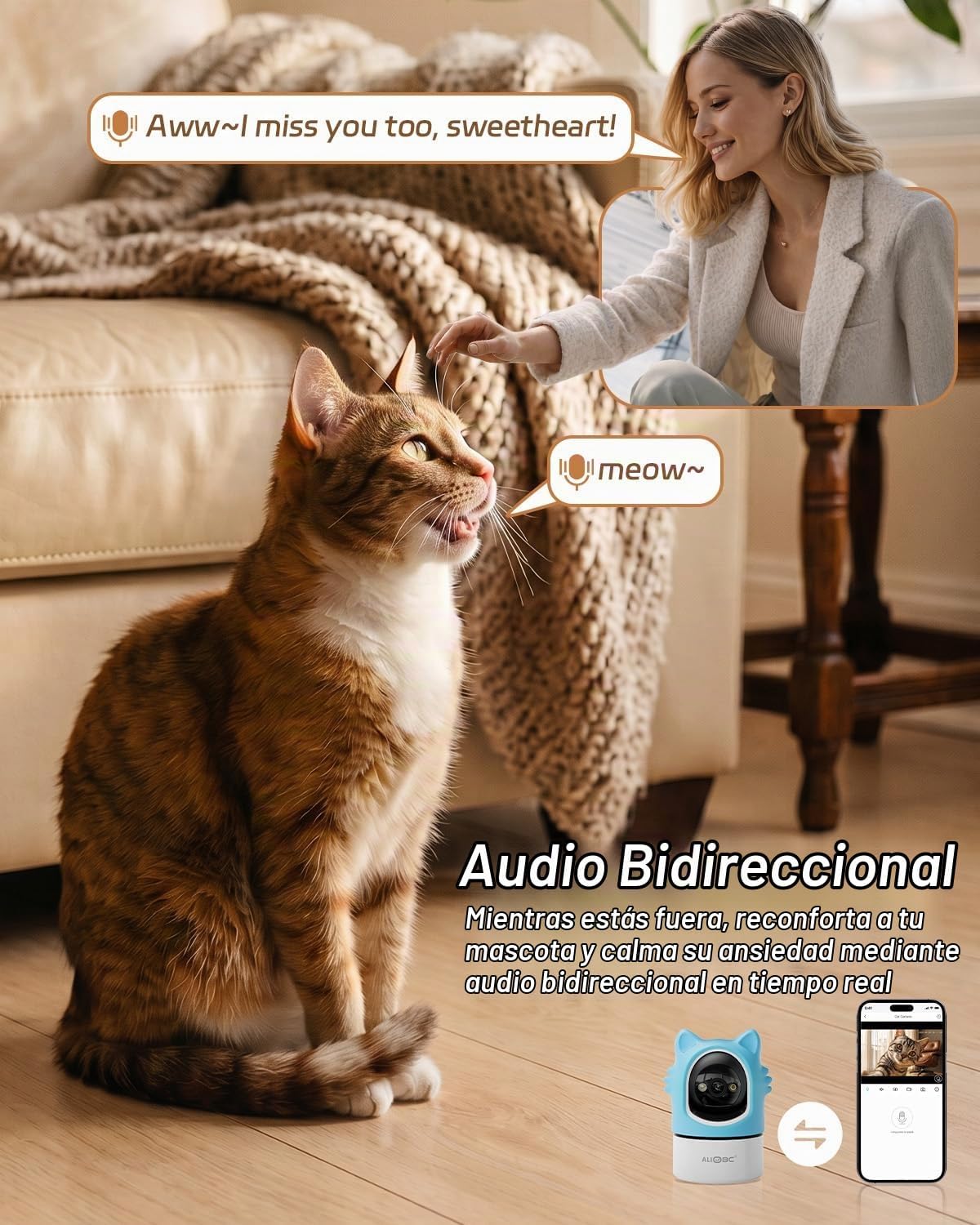ALIOBC Cámara para mascotas con aplicación de teléfono, seguimiento...