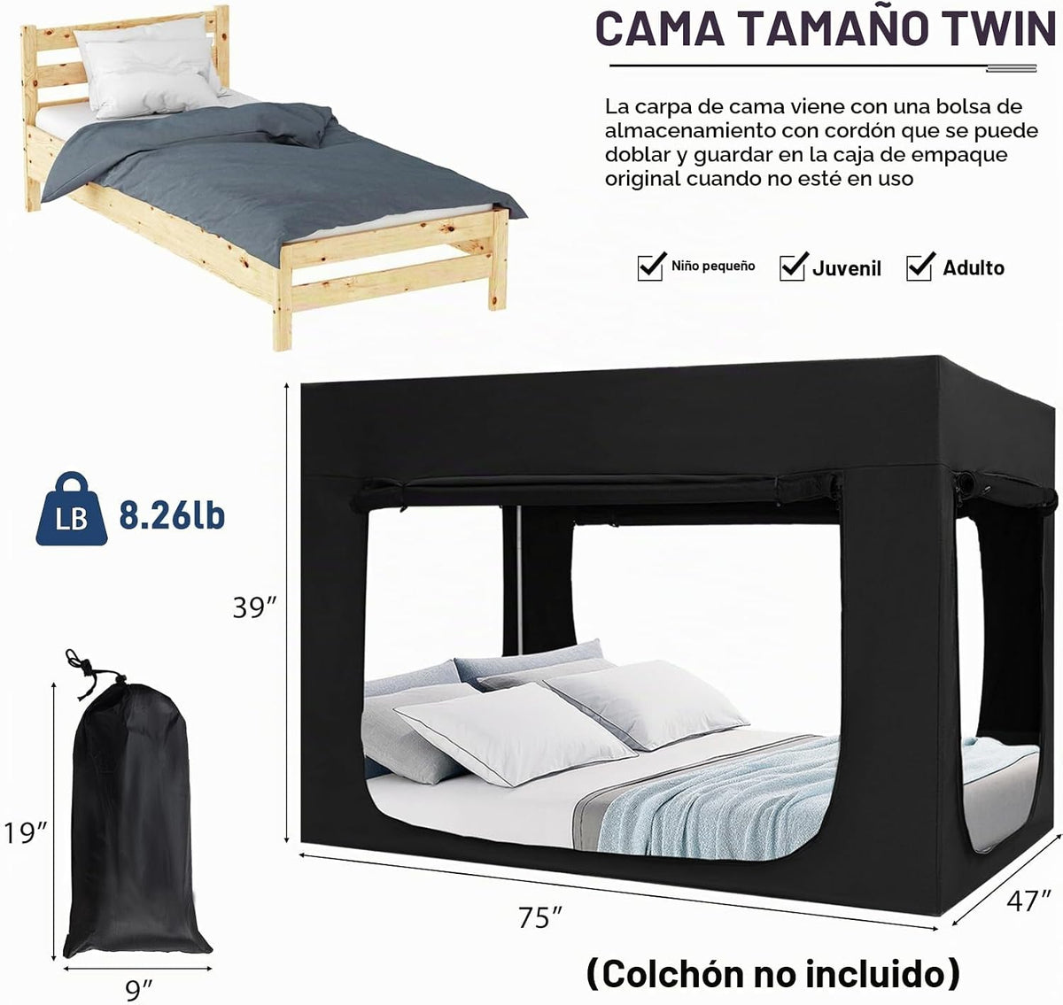 Quinnsus Tienda de campaña para cama tamaño individual para adultos...