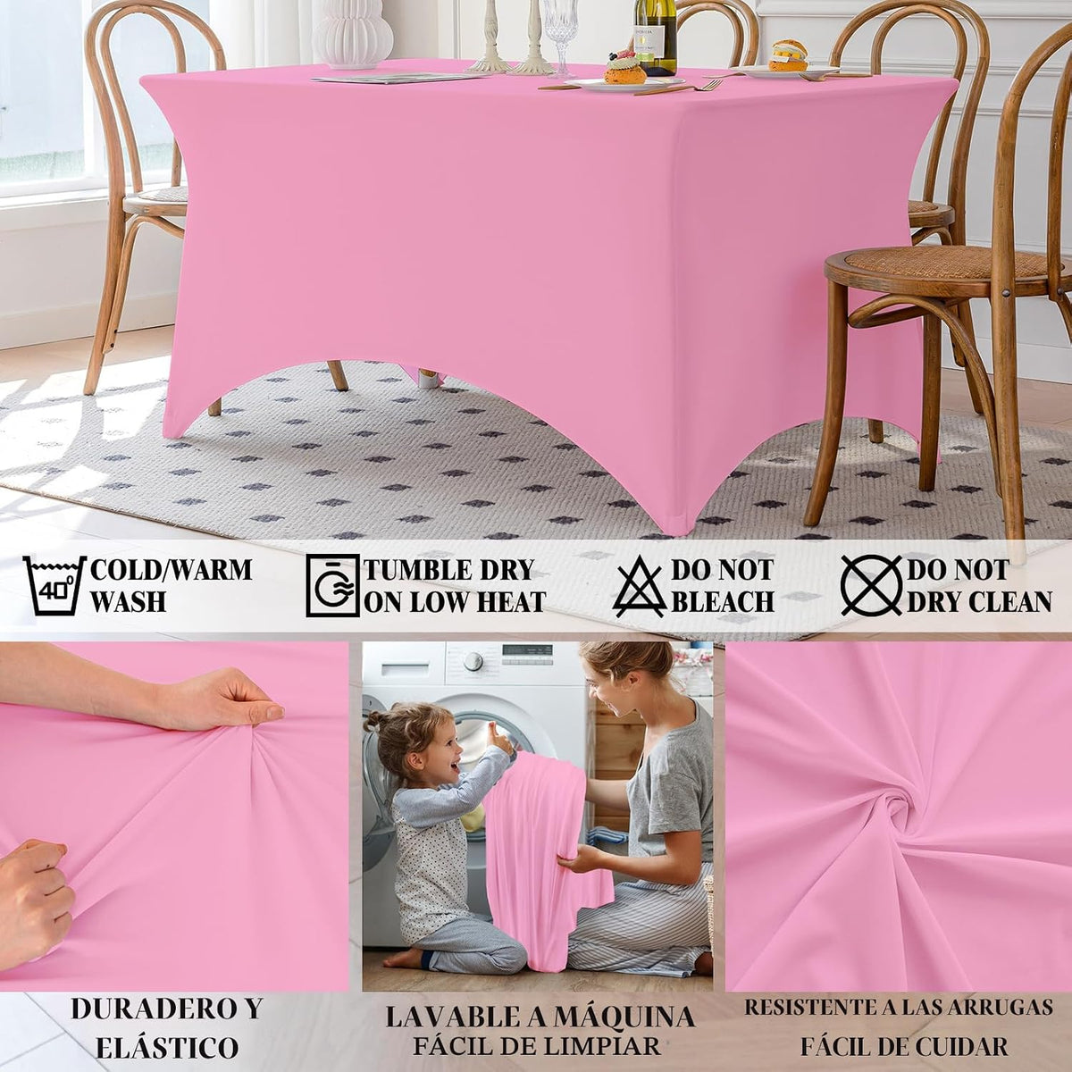 Famstar Paño de Mesa Rosa de 4 Pies de Elastano, Paño de Mesa Ajust...