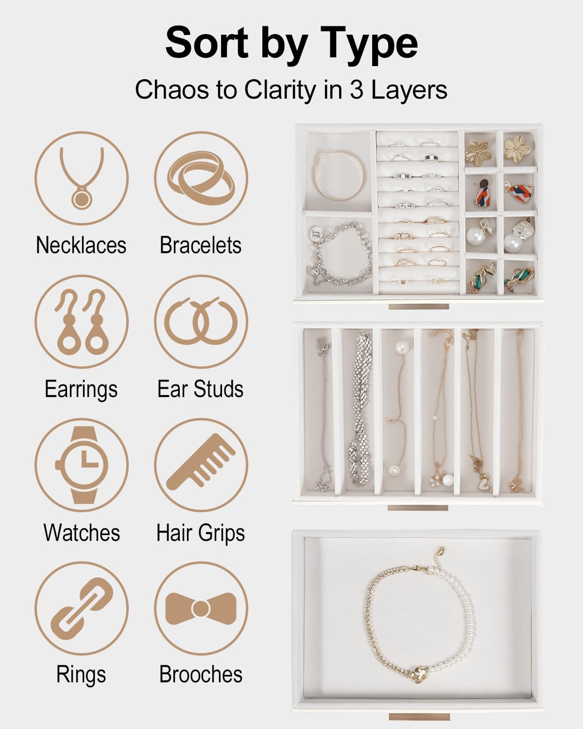 GUOER Joyero para mujer, organizador de joyas con tapa de vidrio co...