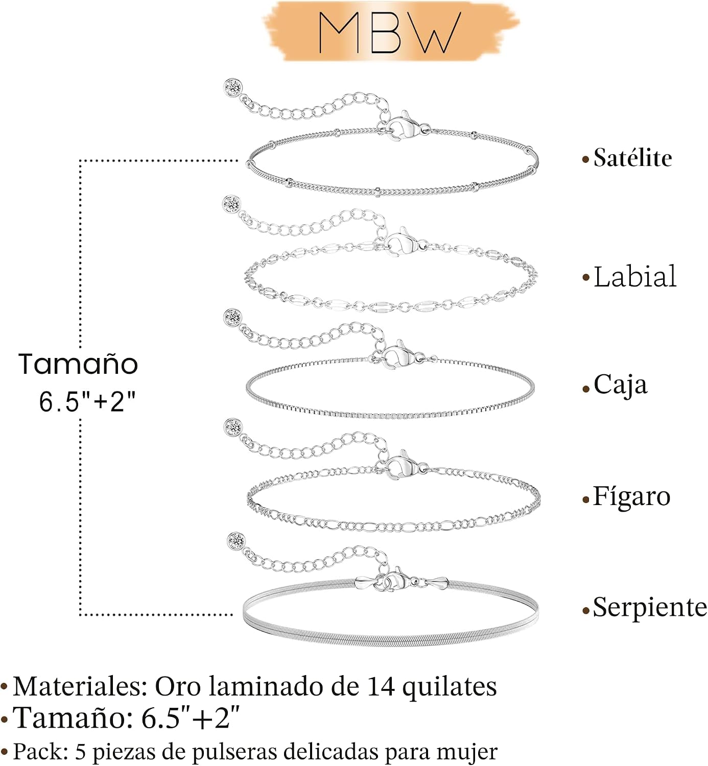 MBW Pulseras chapadas en plata para mujer, delicadas pulseras de pl...