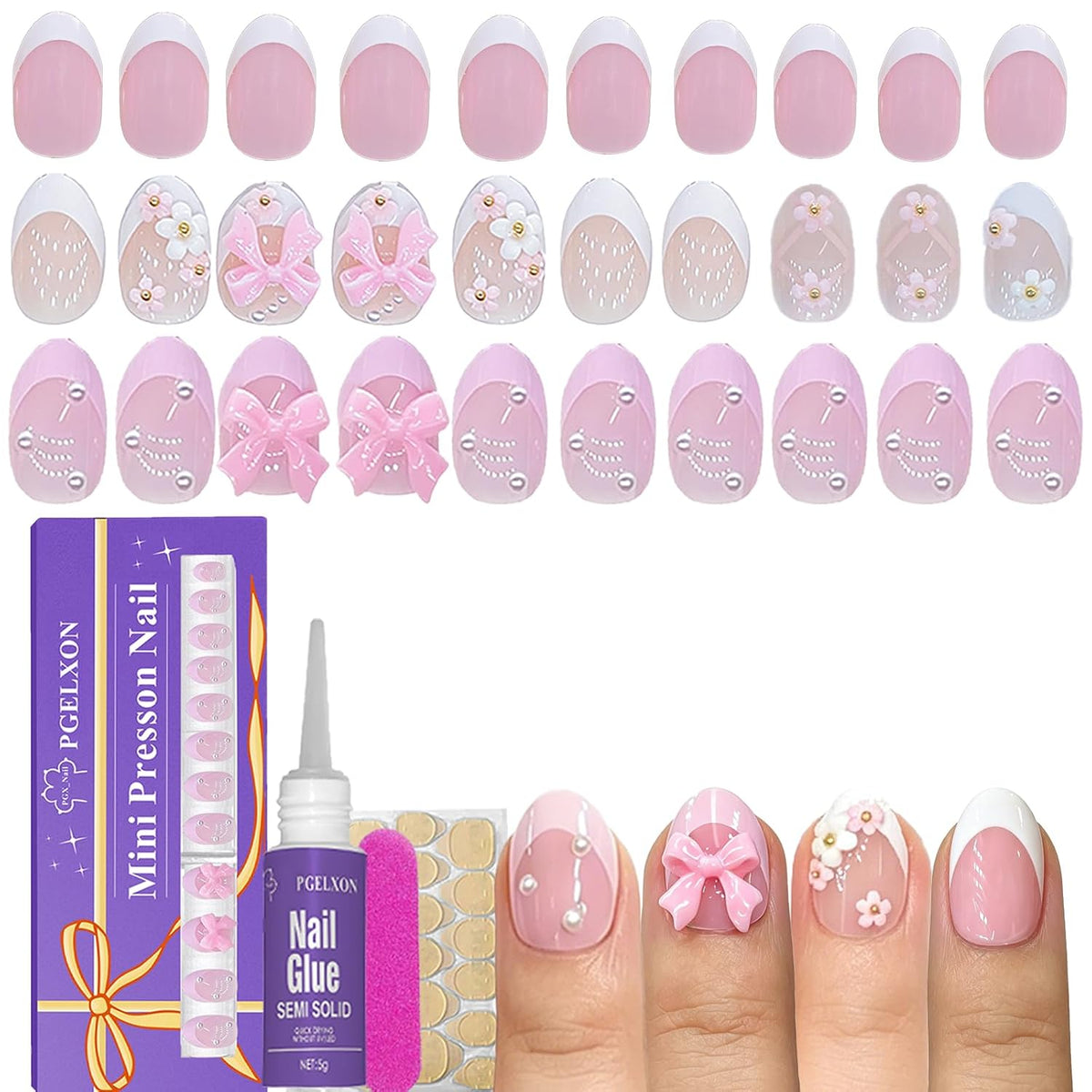 72 uñas a presión para niños, uñas francesas con perlas, lazos, flo...