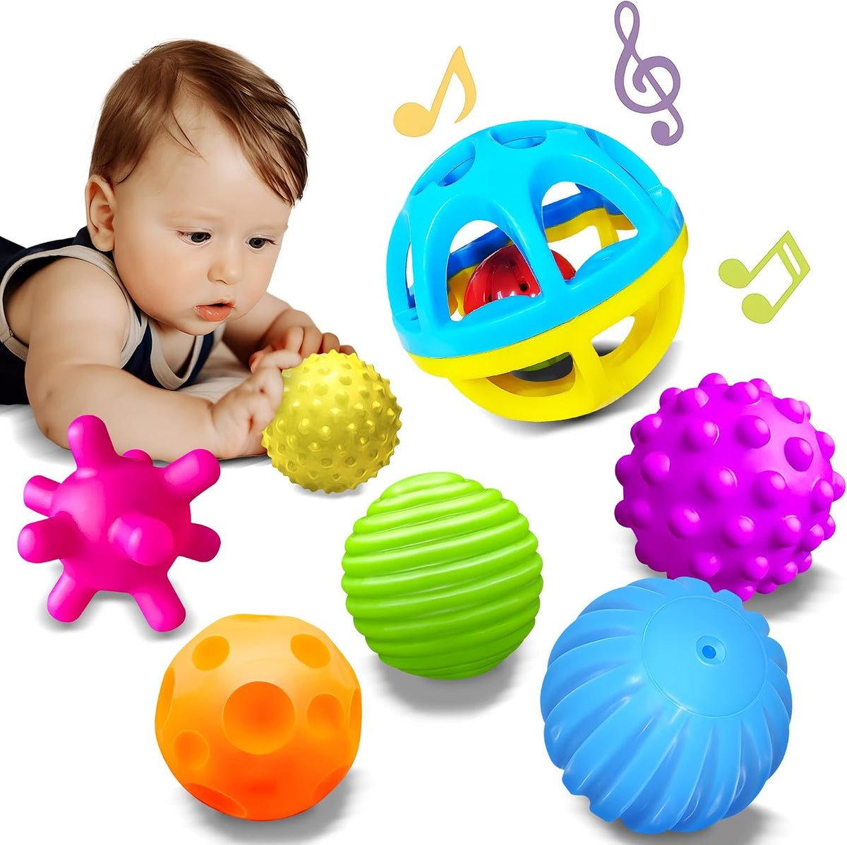 ROHSCE Pelotas sensoriales, juguetes Montessori con sonajero de beb...