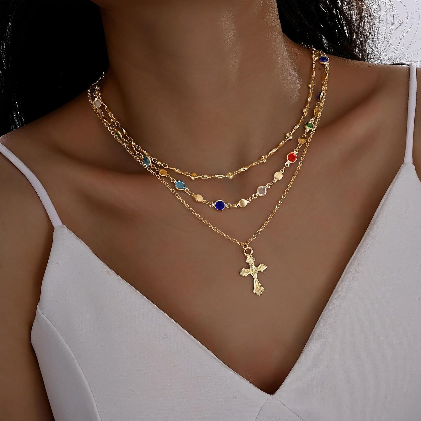 4 piezas de collares de cruz dorados en capas para mujer, modernos,...