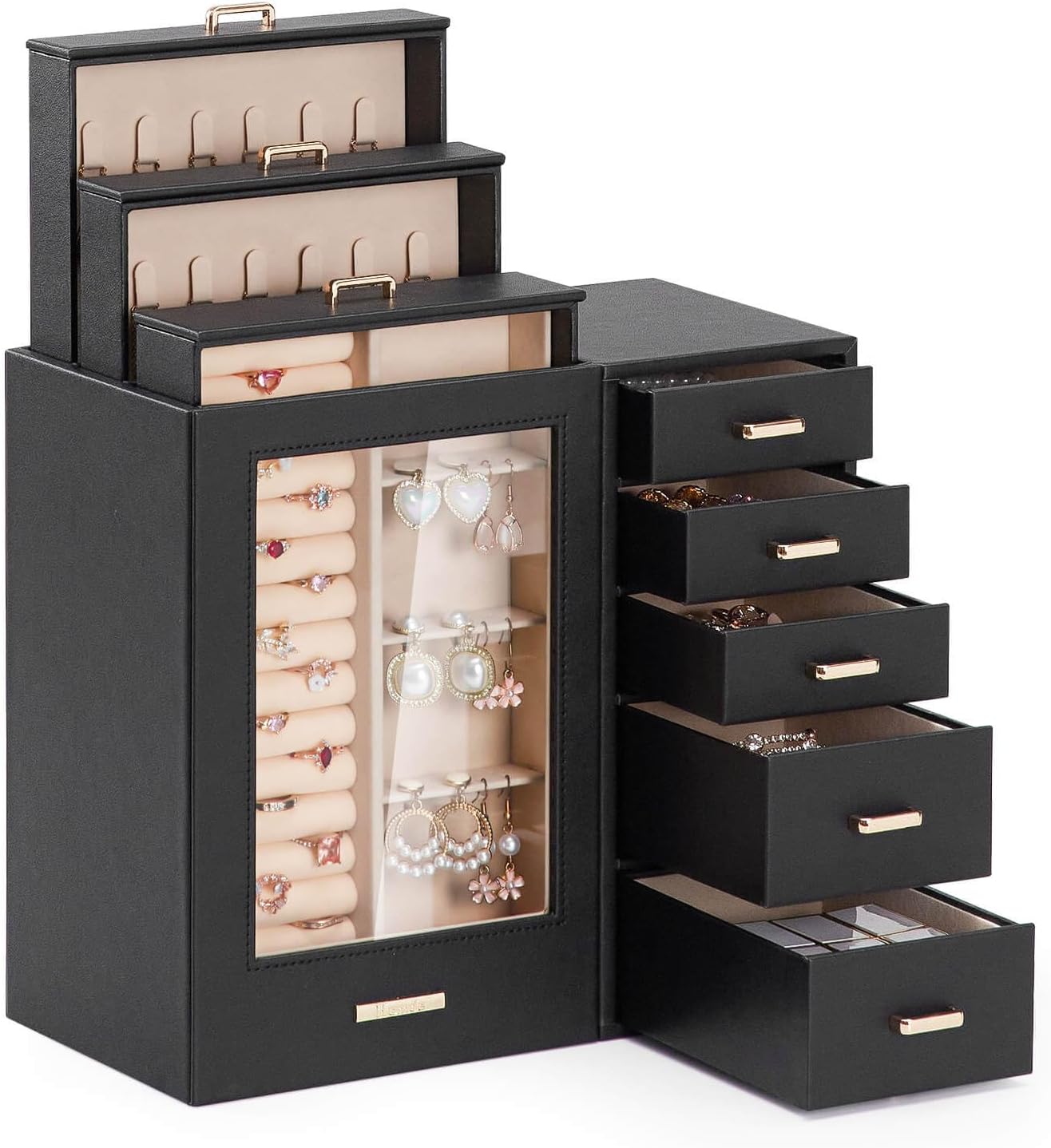 Homde - Gran joyero\/organizador\/caja con ventana de vidrio, cajon...