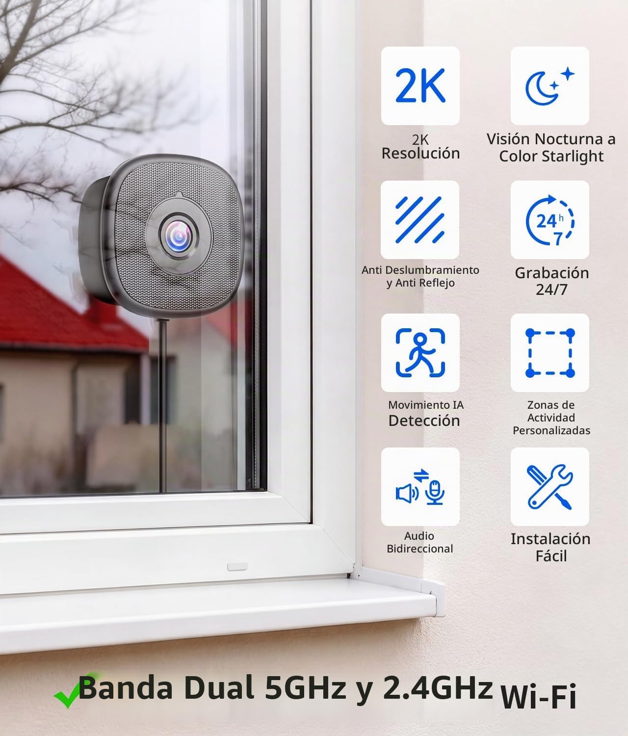MISECU Cámara de ventana 2K sin taladro, cámaras interiores para se...