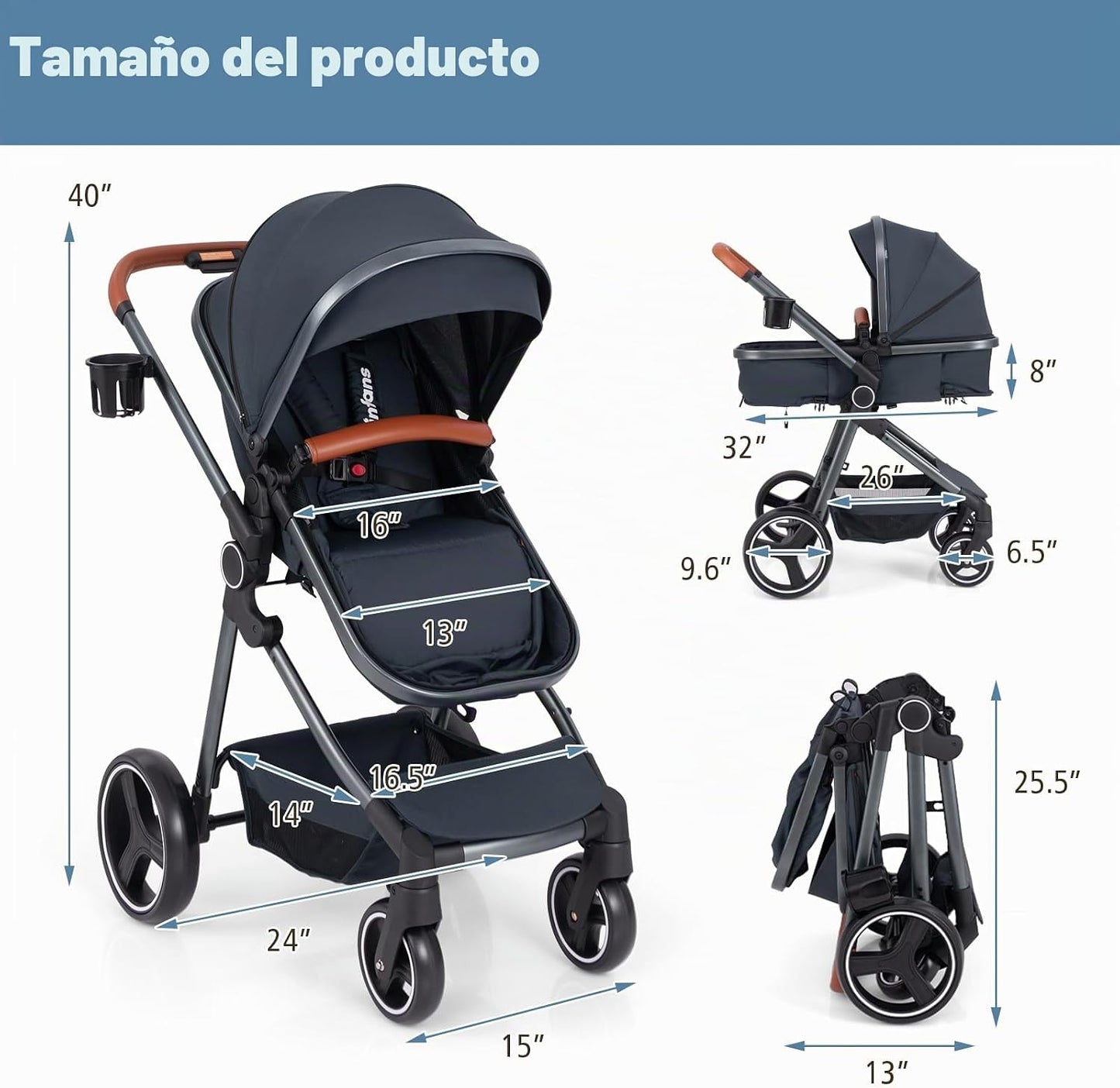 INFANS Cochecito de bebé 2 en 1, cuna convertible para recién nacid...