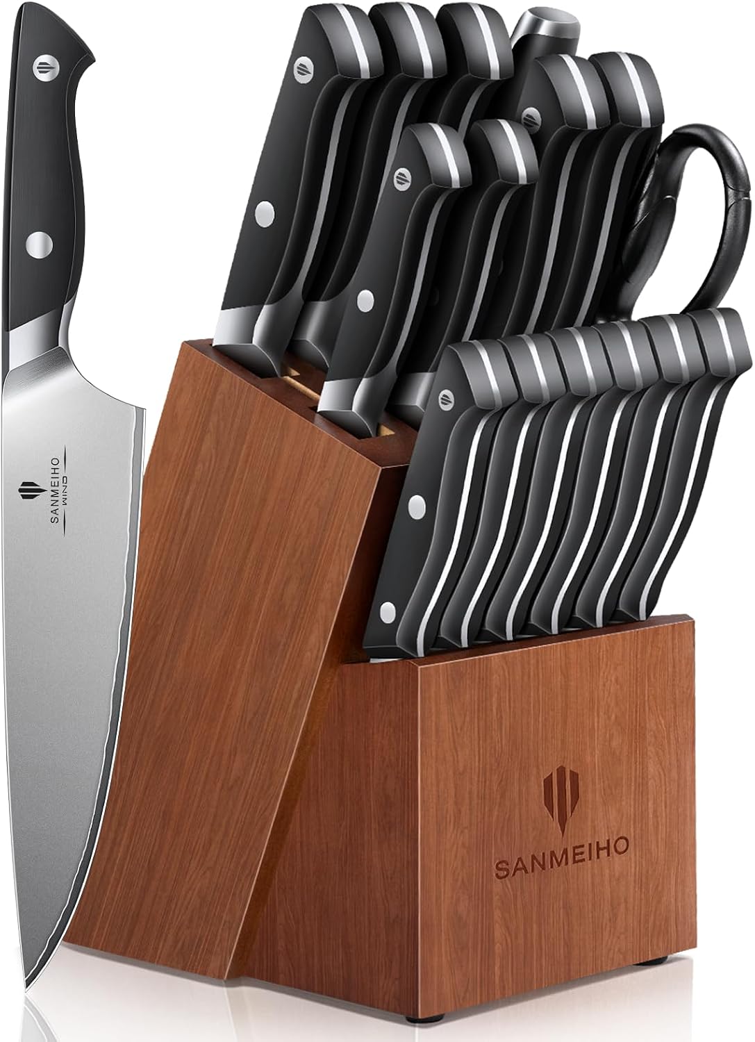 SANMEIHO Juego de 16 cuchillos de cocina japoneses con bloque, apto...