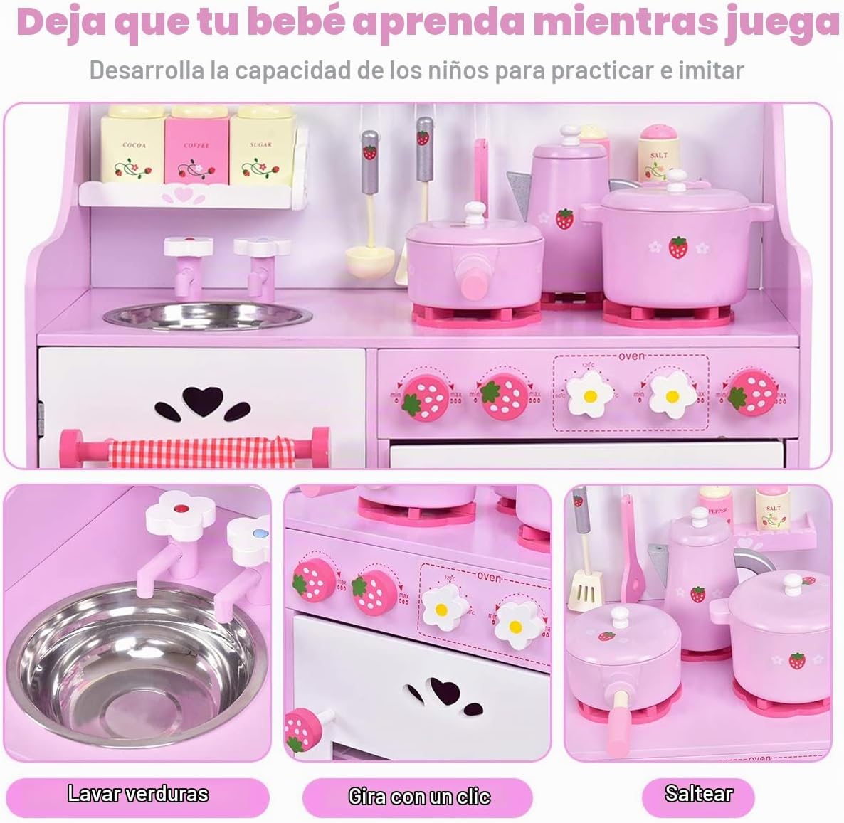 HONEY JOY Juego de Cocina Rosa para Niños, Cocina de Juego de Simul...