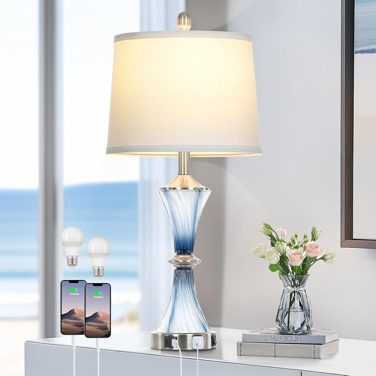 Rinweey - Lámpara de mesa de vidrio azul con puertos USB C+A y sali...