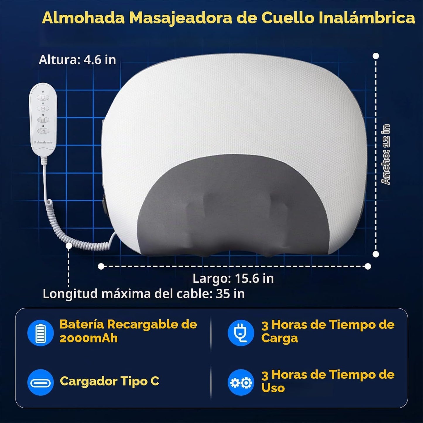 Almohada masajeadora de cuello inalámbrica 3 en 1 mejorada con calo...