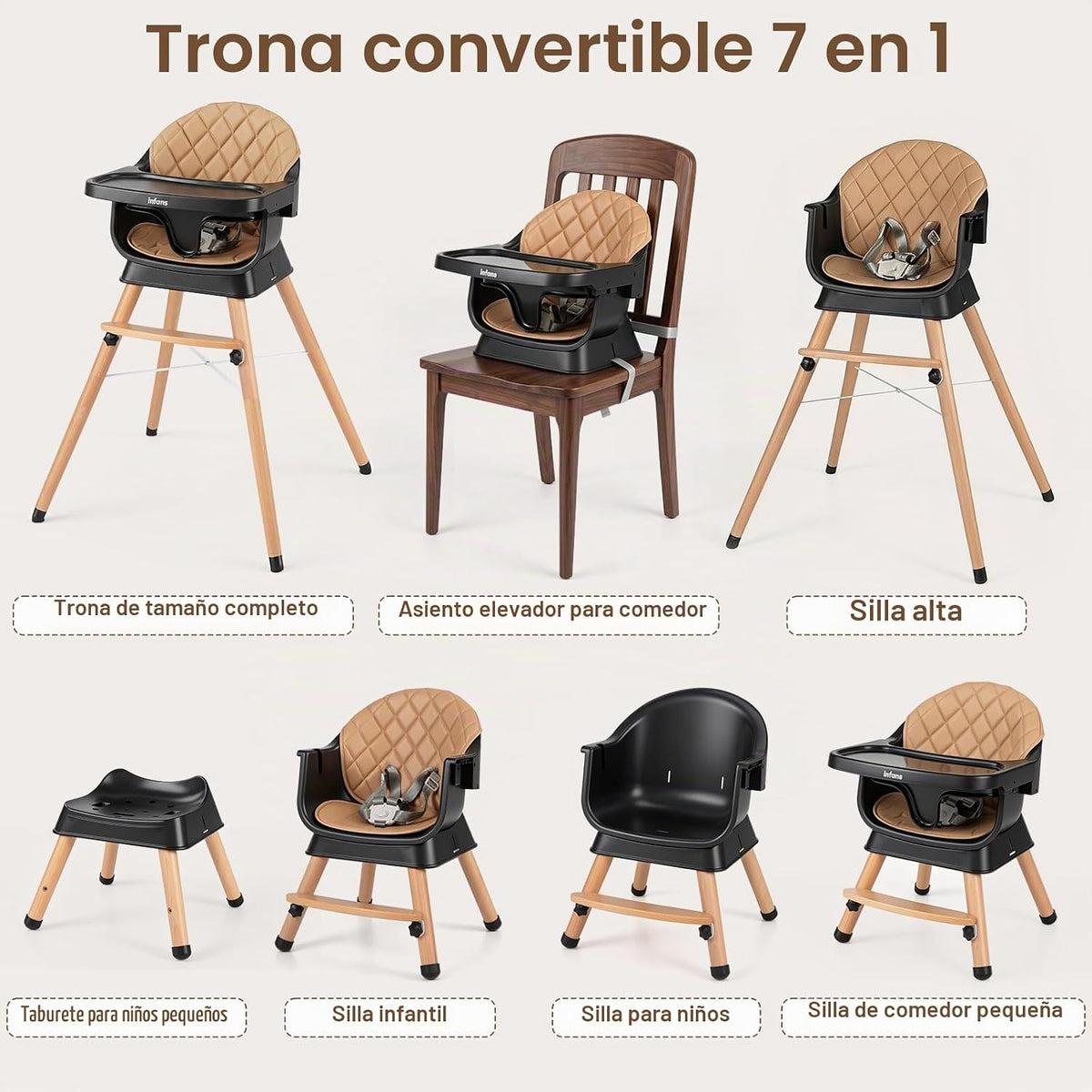 INFANS Silla alta para bebé, silla alta convertible de madera 6 en...