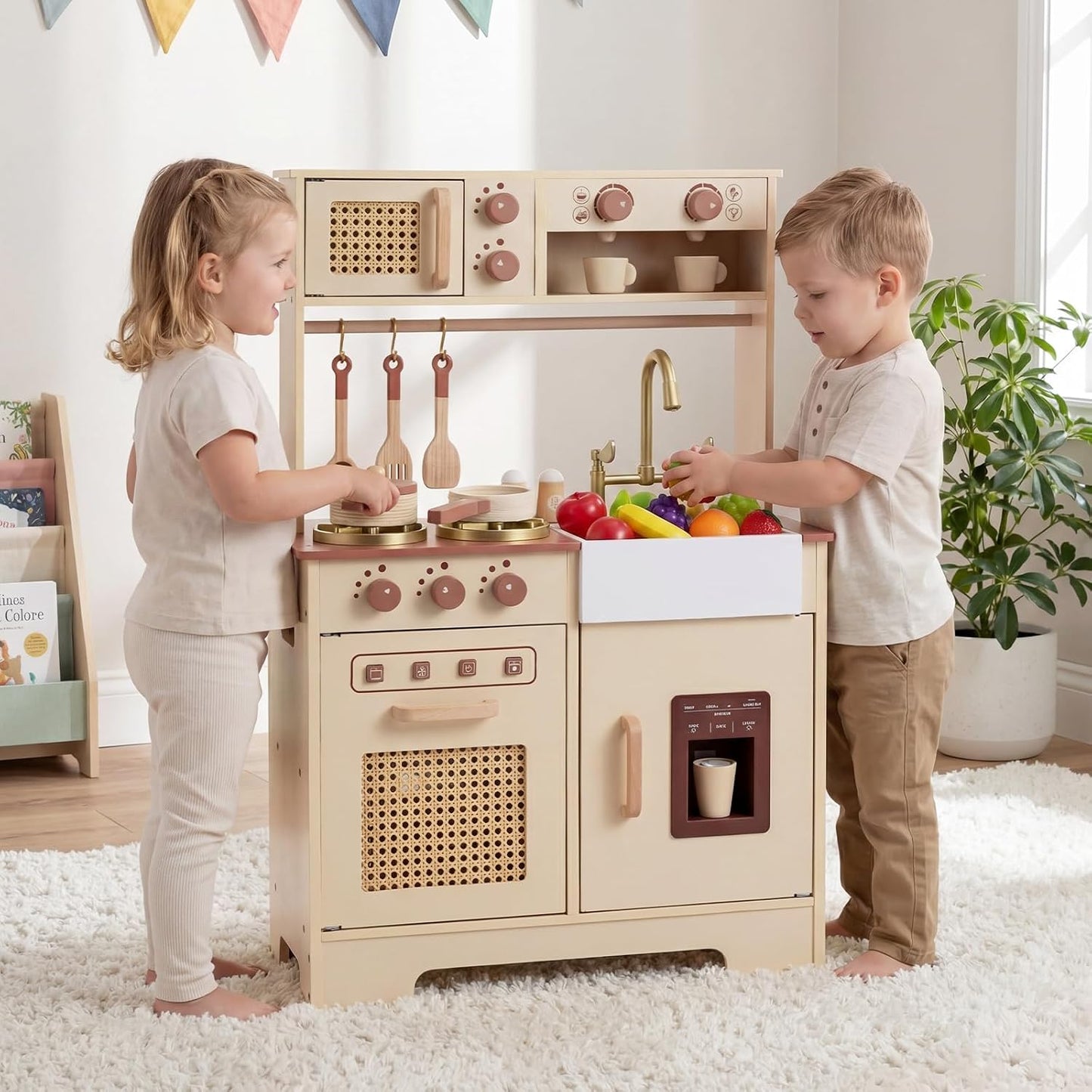 OLAKIDS Play Kitchen, juguete de cocina de madera para niños con so...