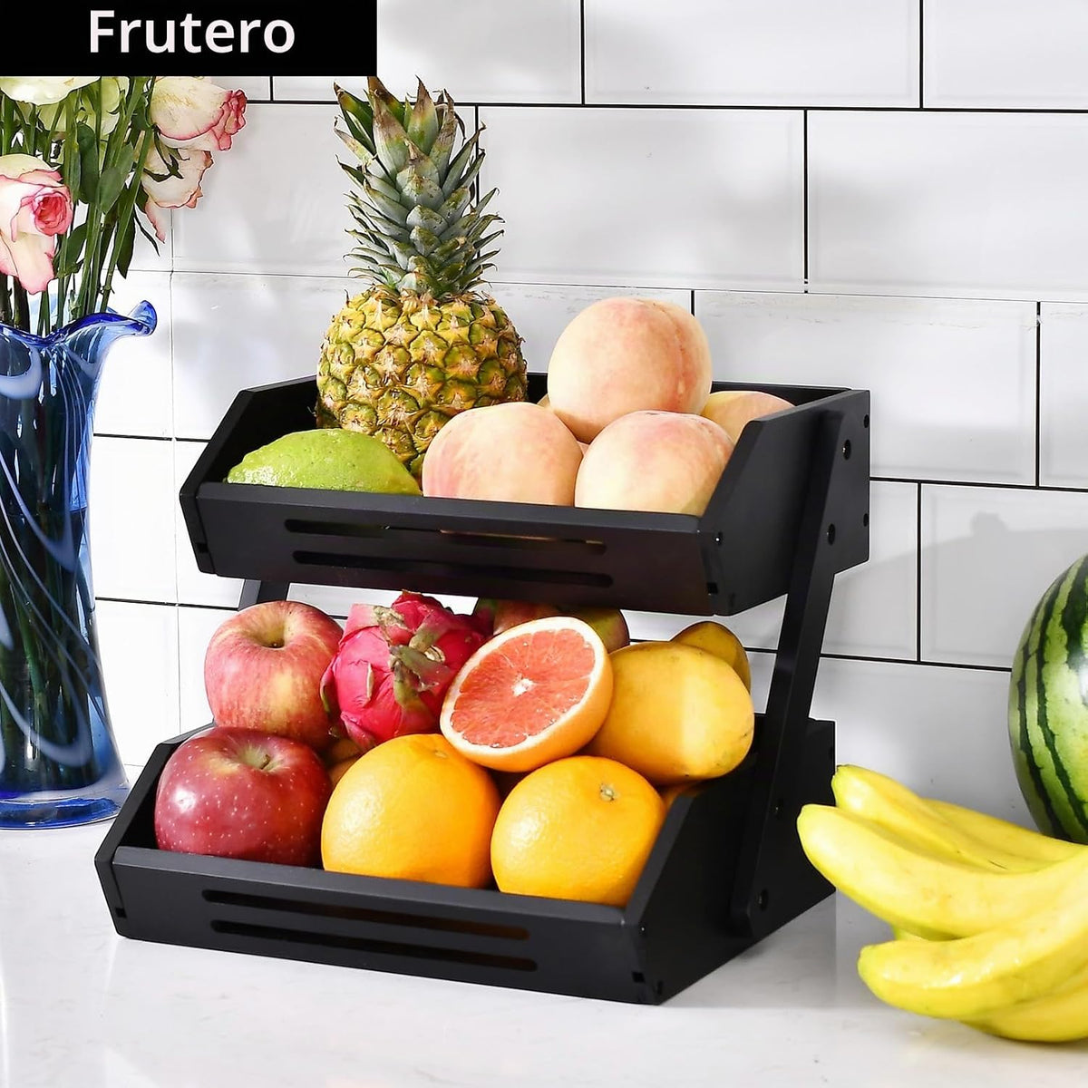 VIKEYHOME Cesta de frutas de bambú, frutero de 2 niveles para cocin...